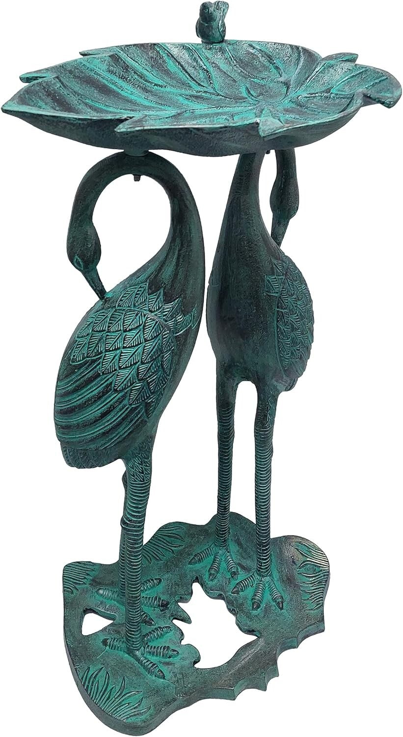 Sturdy 30-in Cast Aluminum Crane Bird Bath with Leaf Bowl - Traditional Elegance