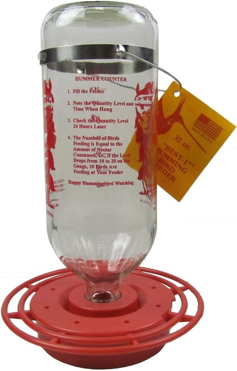 Elegant 2 Pack 32 Oz. Glass Hummingbird Feeders with 8 Ports and Hanging Hooks
