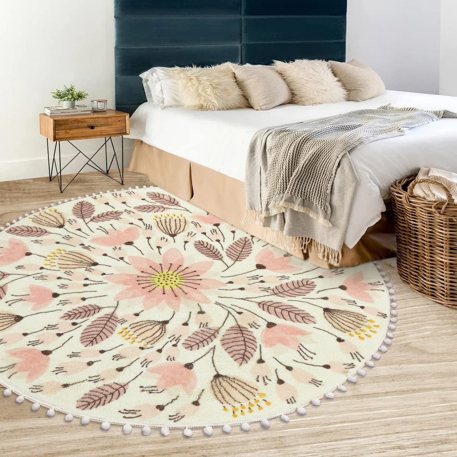 Charming 5.3' Circle Pom Pom Rug - Cozy Non-Slip Floor Mat for Nursery & More