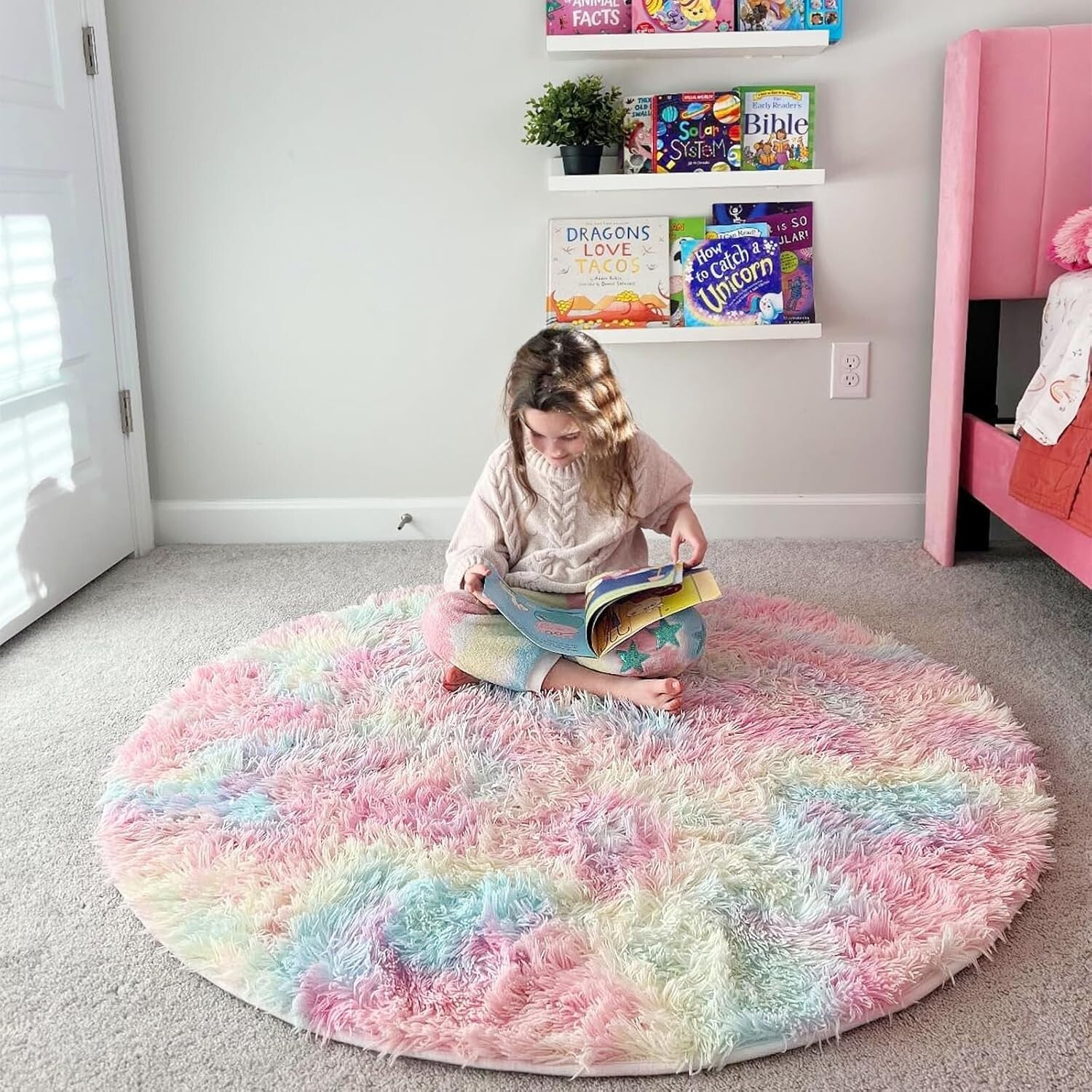 Soft 5Ft Pastel Round Rug - Cozy Fluffy Carpet for Toddler Unicorn Rooms