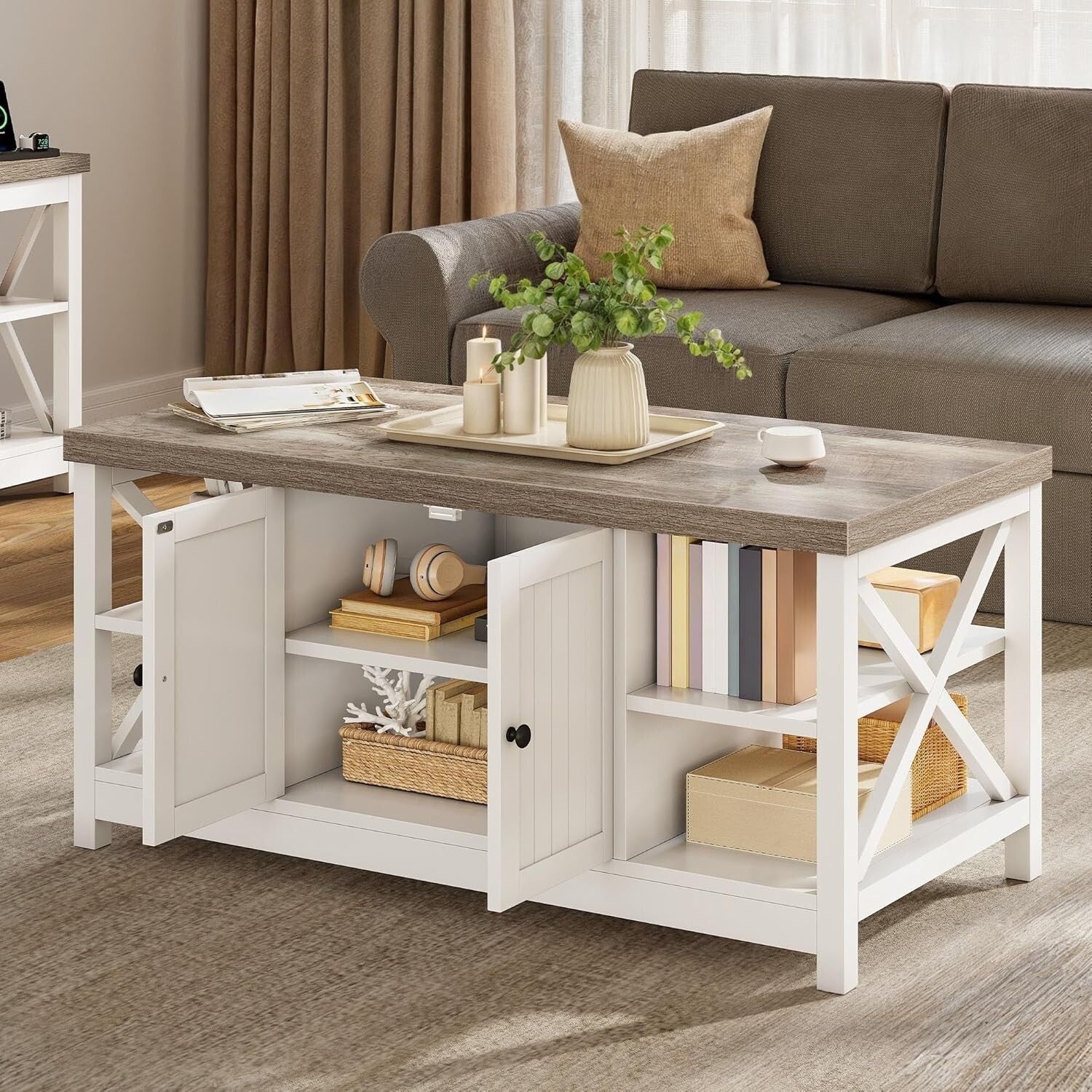 Farmhouse-Modern Coffee Table with Storage Cabinet and Easy Assembly - 39-inch