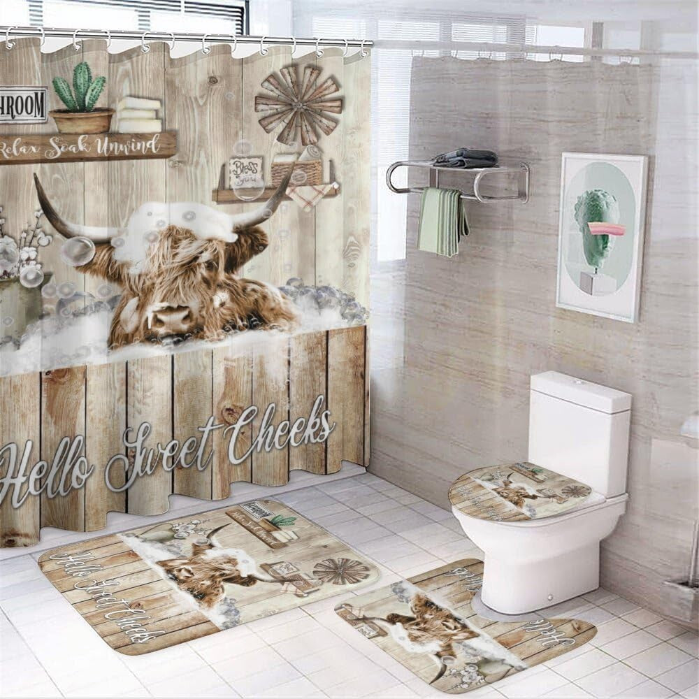 Funny Highland Cow Shower Curtain Set - 4-Piece with Non-Slip Bath Accessories