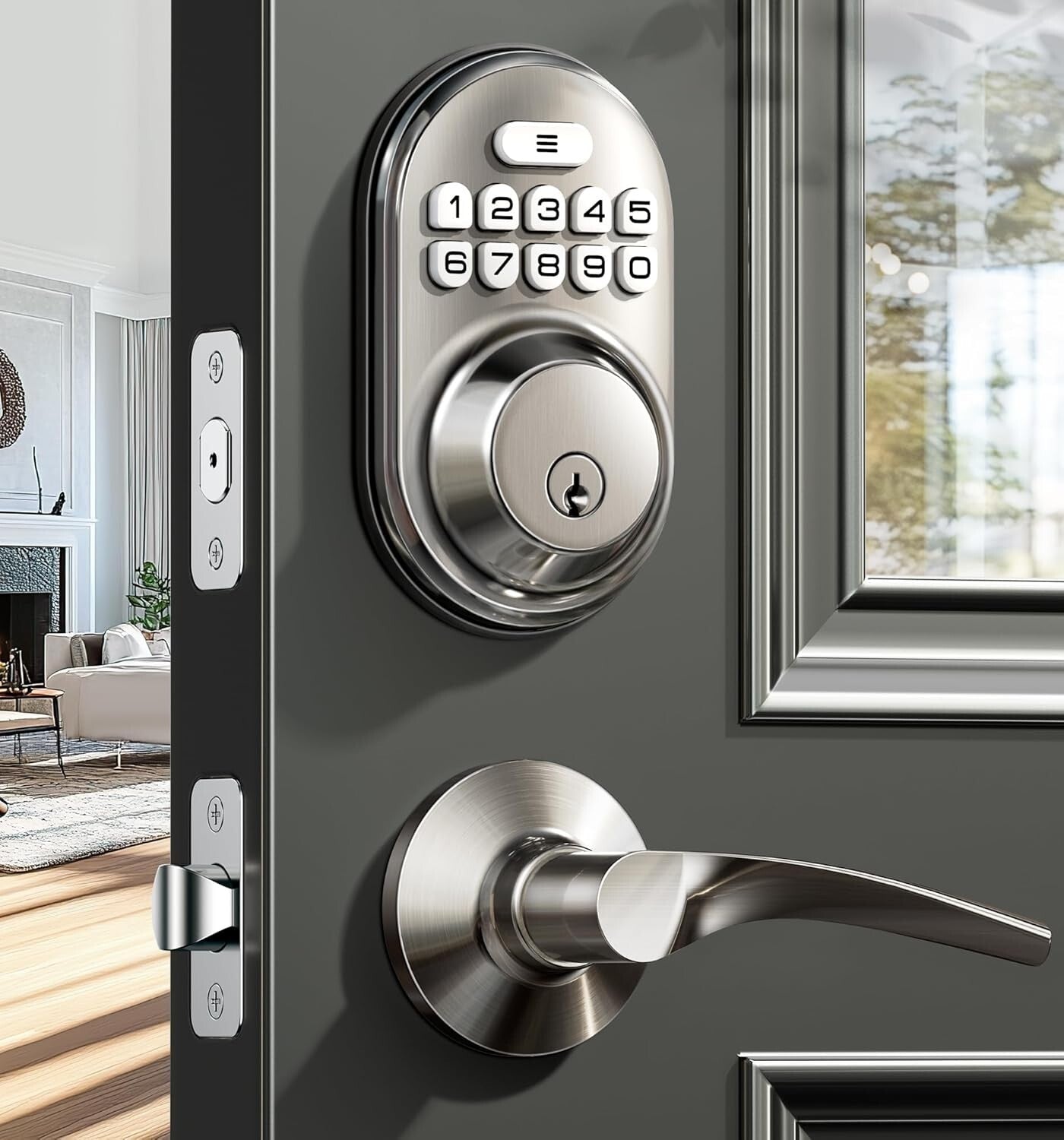 Keyless Entry Door Lock with Lever Handles – Satin Nickel Electronic Deadbolt