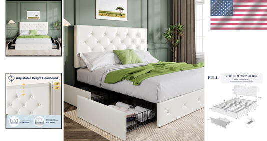 Elegant Full Size Upholstered Platform Bed with Storage Drawers - No Box Spring