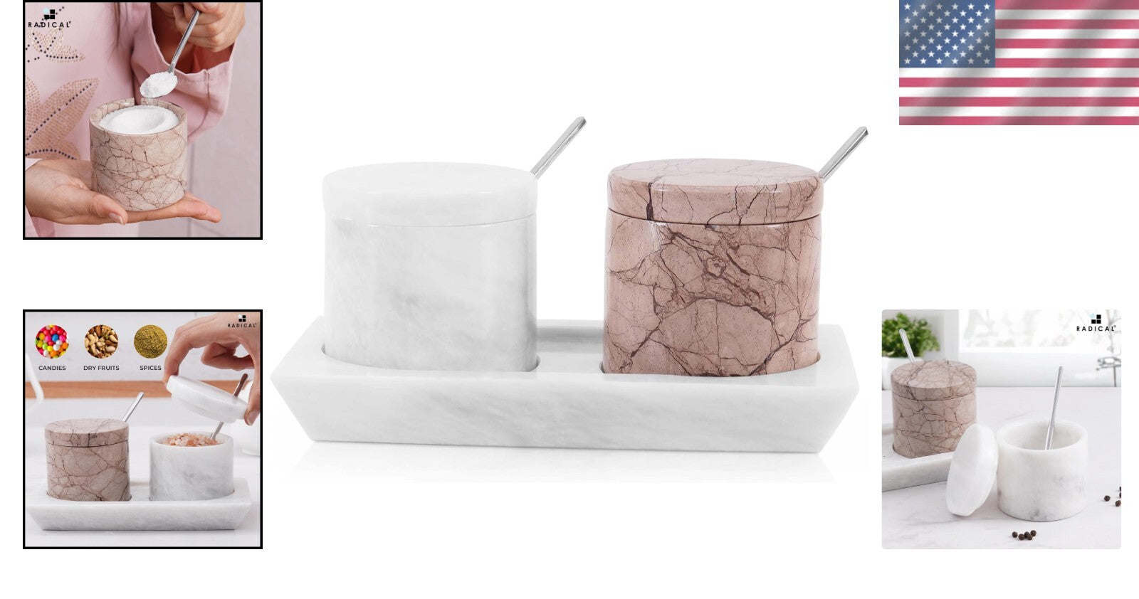 Handmade Marble Salt Cellar Set with Tray - Elegant Spice Holder for Kitchen