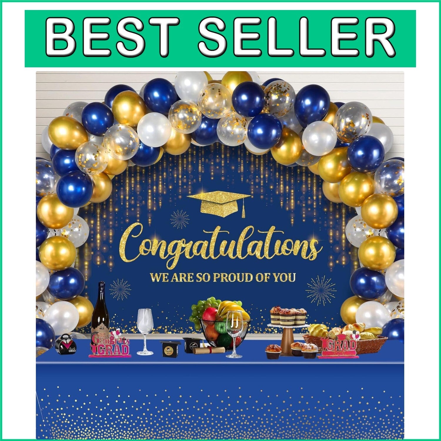 Complete Graduation Decor Bundle - Balloons, Backdrop & Gold Dot Tablecloths