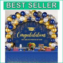 Load image into Gallery viewer, Complete Graduation Decor Bundle - Balloons, Backdrop &amp; Gold Dot Tablecloths