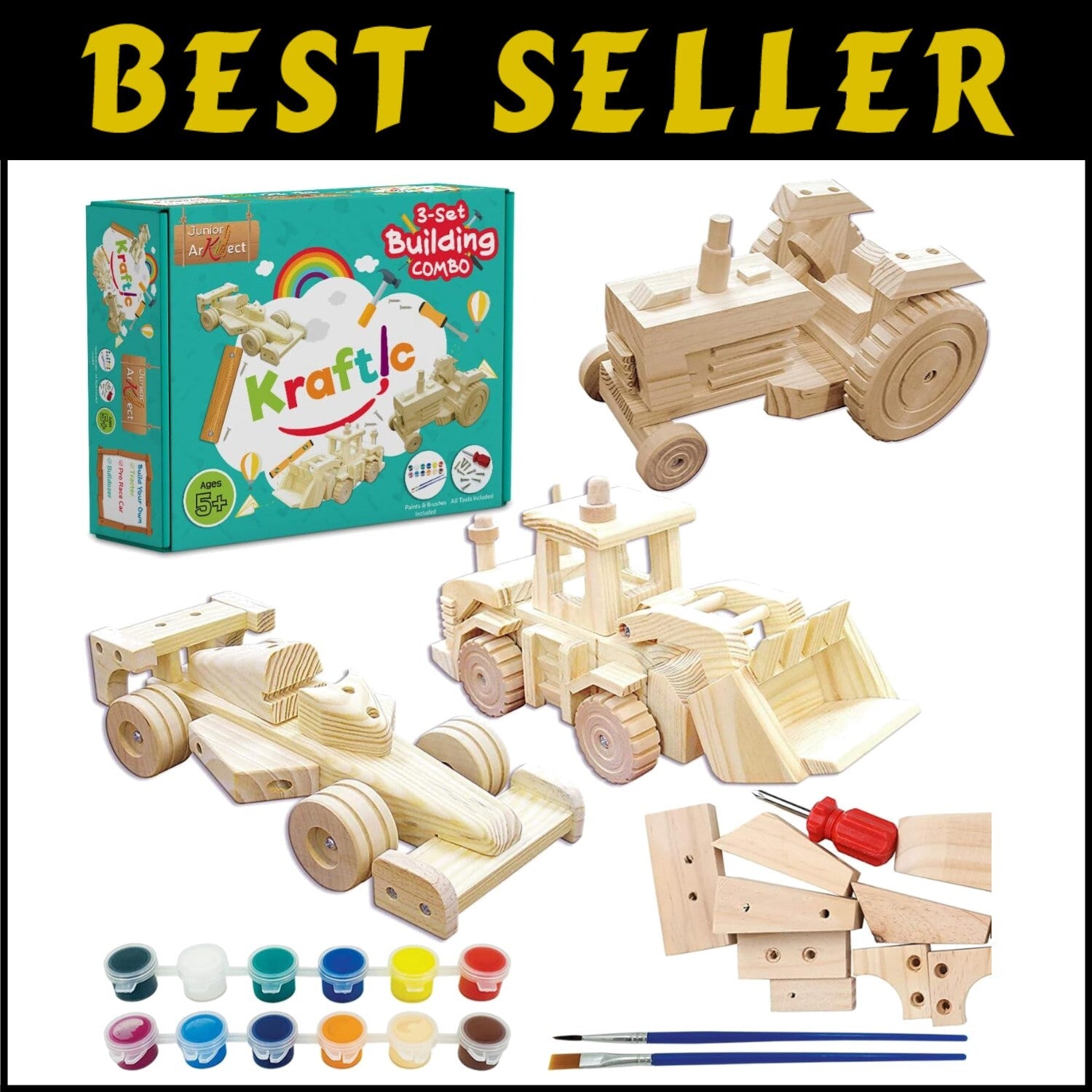 Educational Woodwork Building Kit - Tractor, Bulldozer & Racing Car Projects