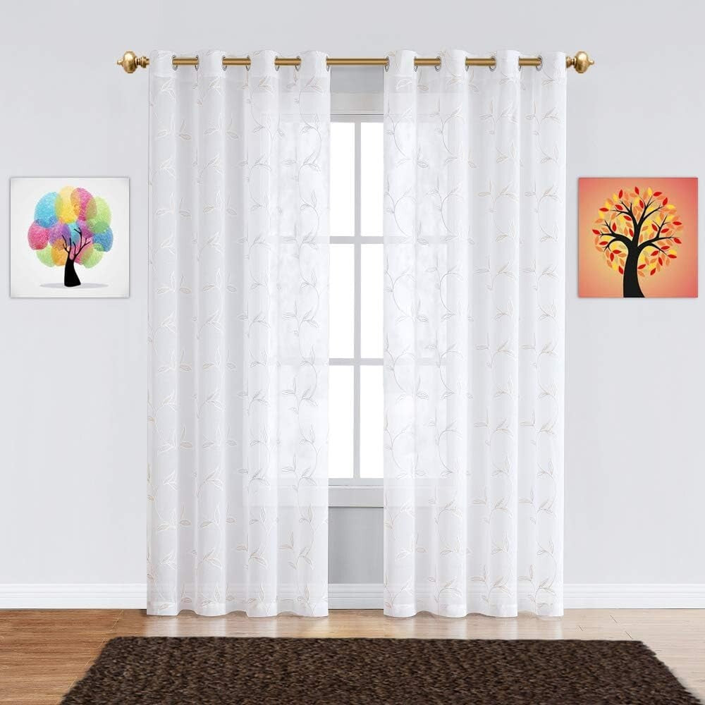 Elegant Sheer White Faux-Linen Curtains with Leaf Embroidery, 54" x 84"