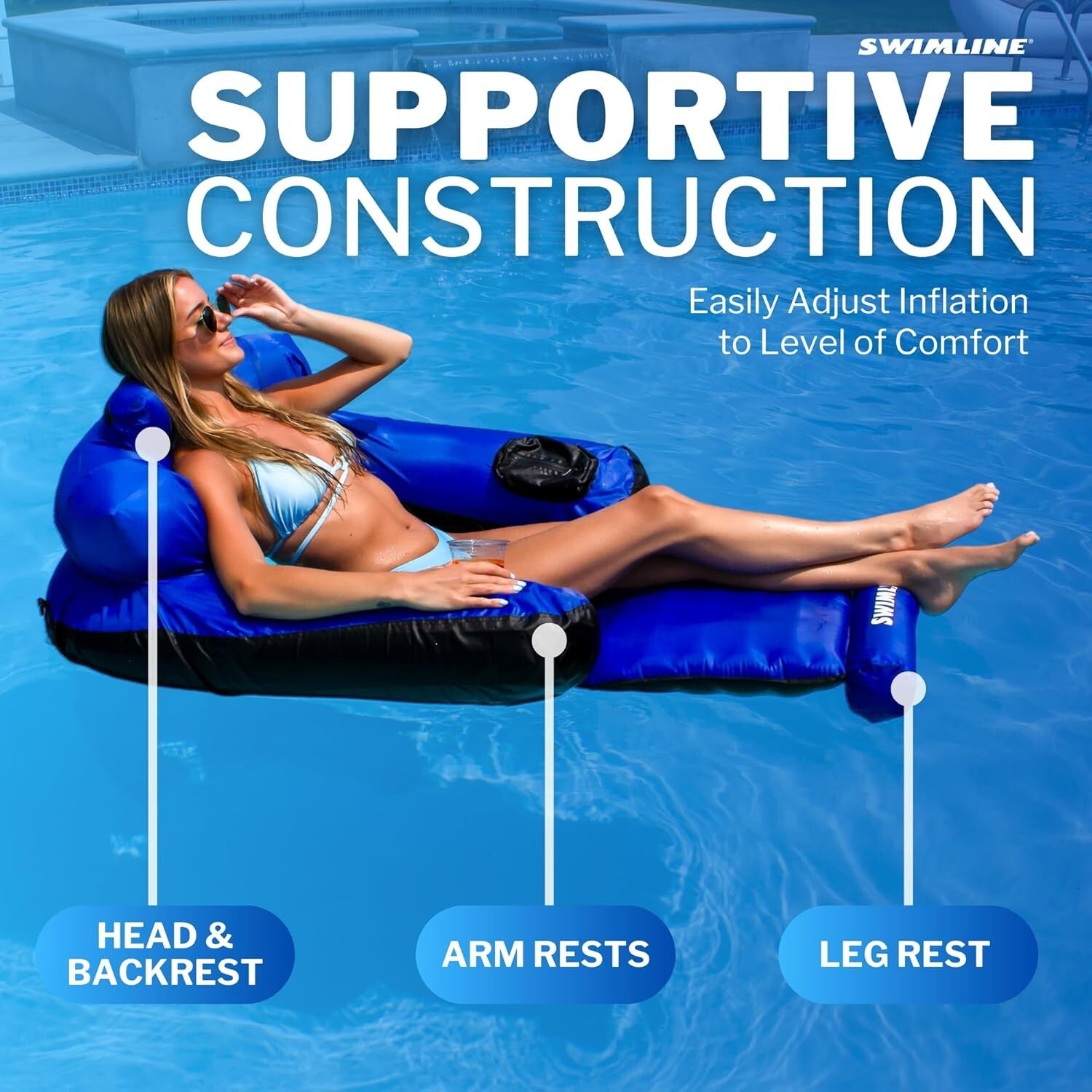 Nylon Fabric Pool Float Mattress with Supportive Headrest & Easy Air Setup, 55"L