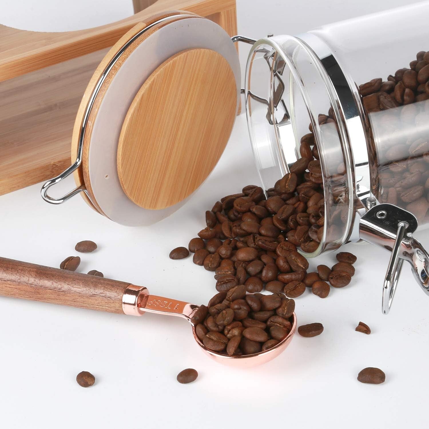 Bamboo Lidded Glass Canisters - Keep Coffee Beans Fresh & Stylishly Organized