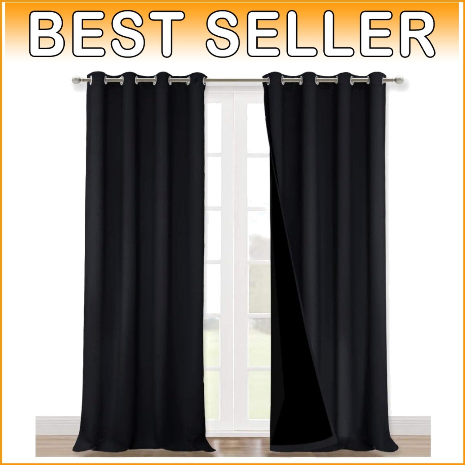 Black Lined 100% Blackout Curtains - Stylish Energy Saving Drapes, 2 Panels