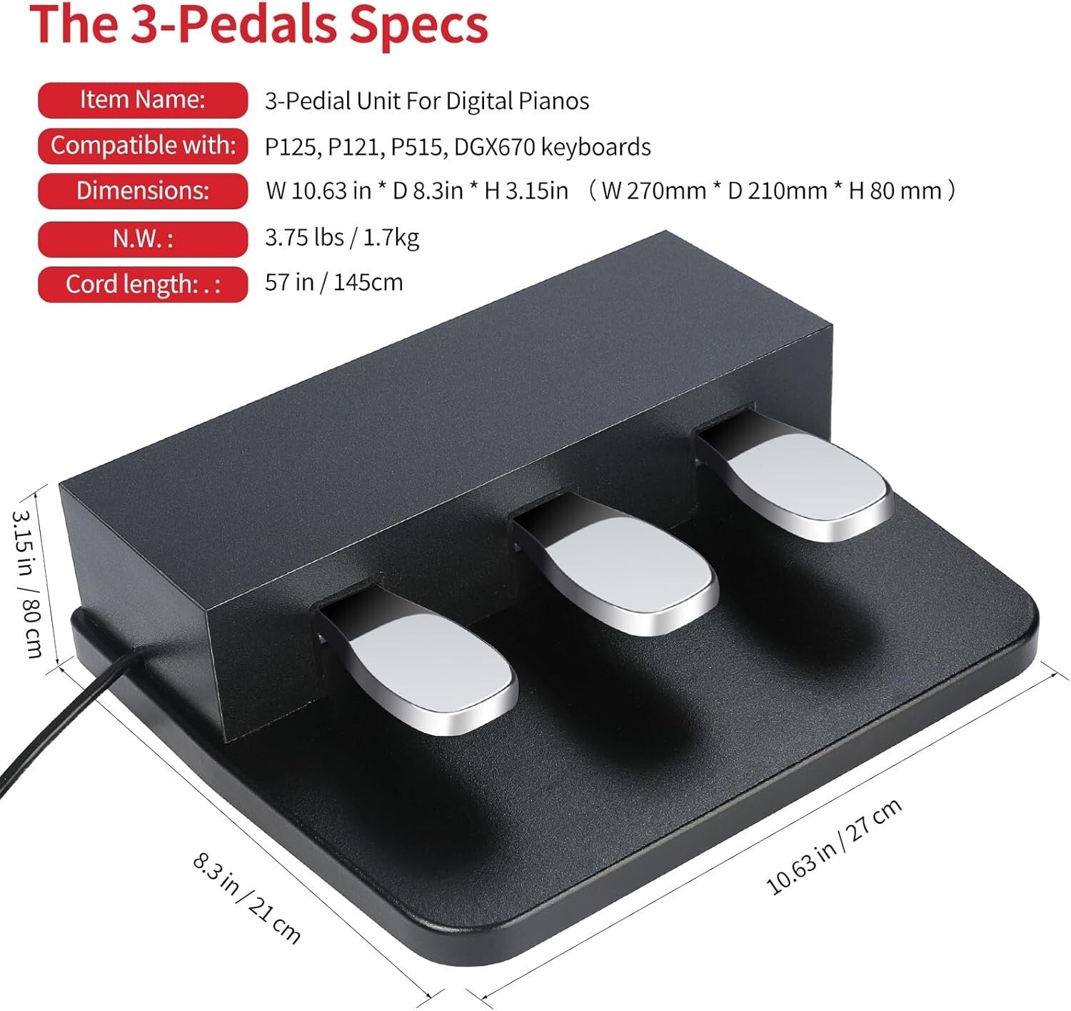 Digital Piano 3-Pedal System with Half-Sustain Feature - Portable and Sturdy