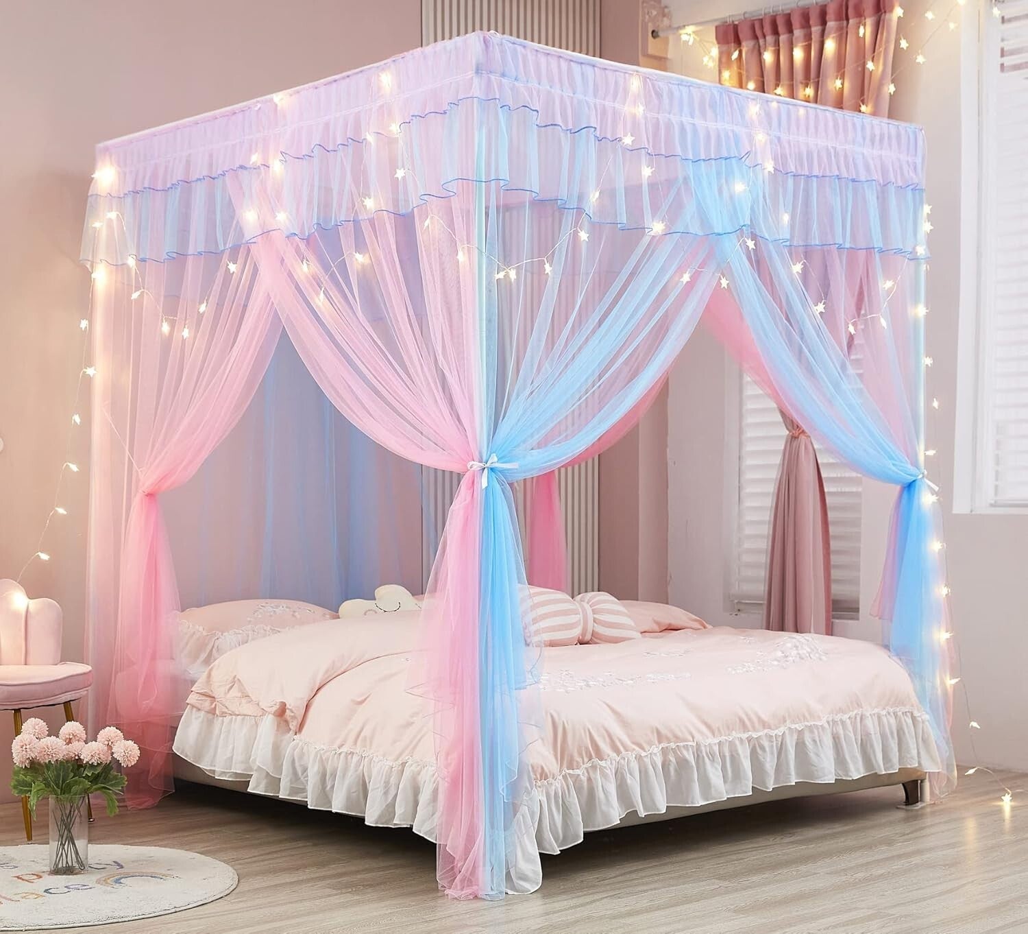 Enchanting Rainbow Canopy Bed Drapes for Girls with 2 Star Lights - Twin Size