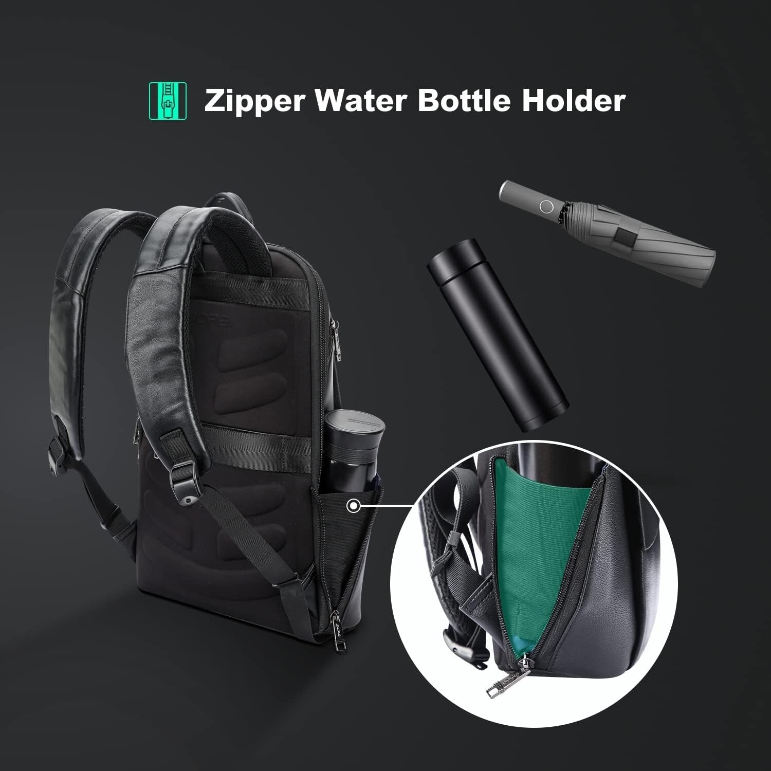 Elegant Black Leather Laptop Rucksack with USB Charging & Hidden Zipper Security