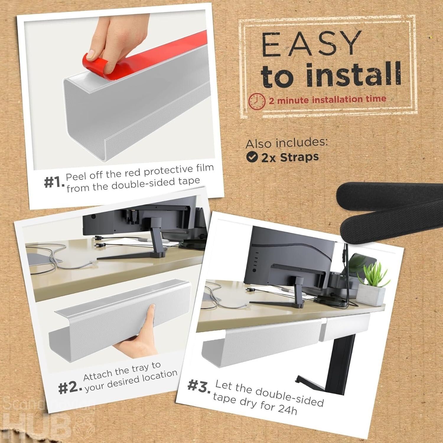Space-Saving White Cable Organizer Trays - No-Screw Installation for a Neat Desk