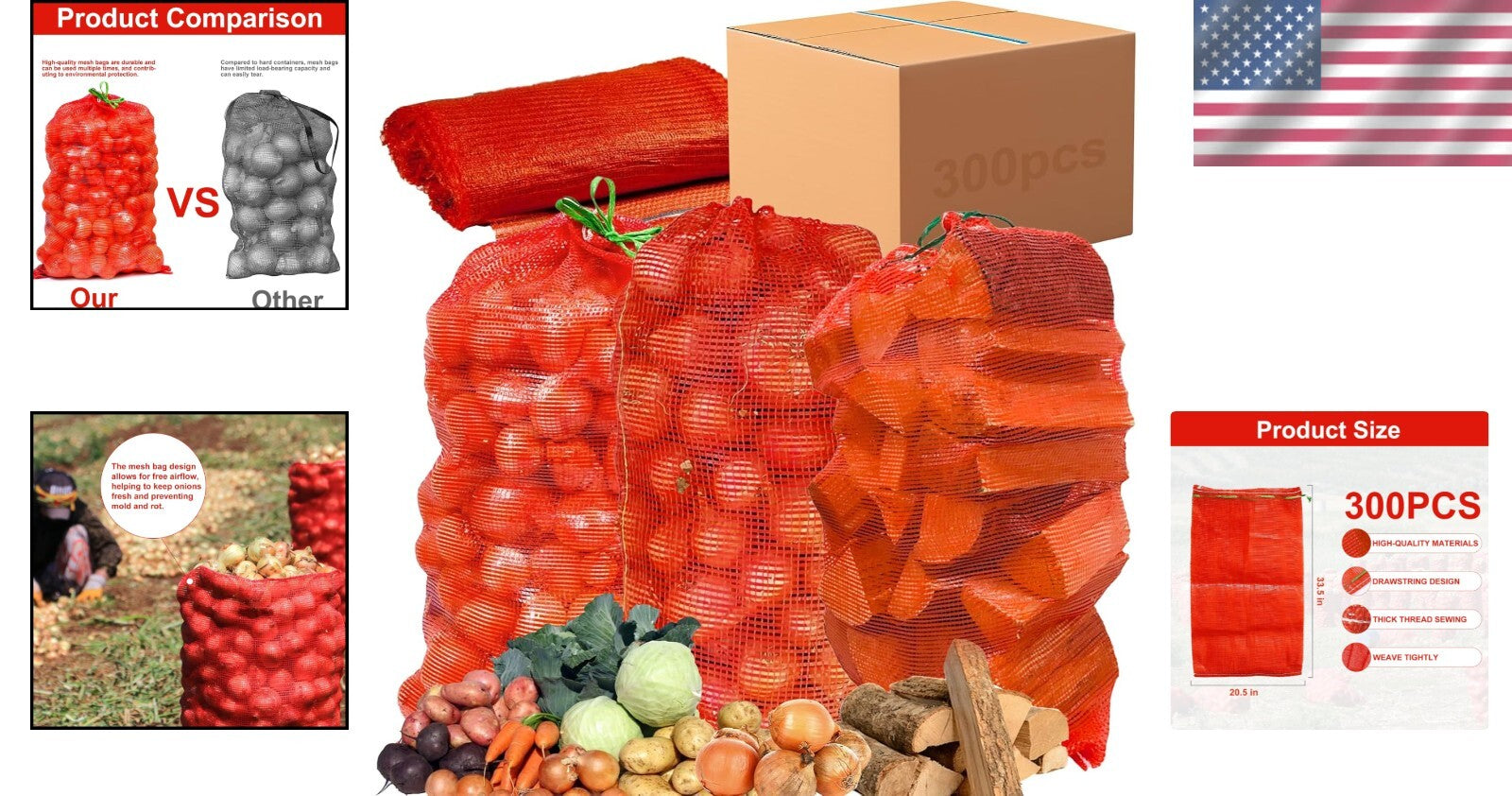 Bulk 300 Red Mesh Bags - Reusable Storage for Produce & Firewood - 31'' x 20''
