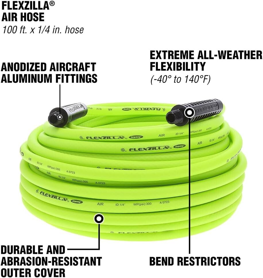 All-Weather Flexible Air Hose with 1/4" MNPT Fittings - 100 Feet of Durability