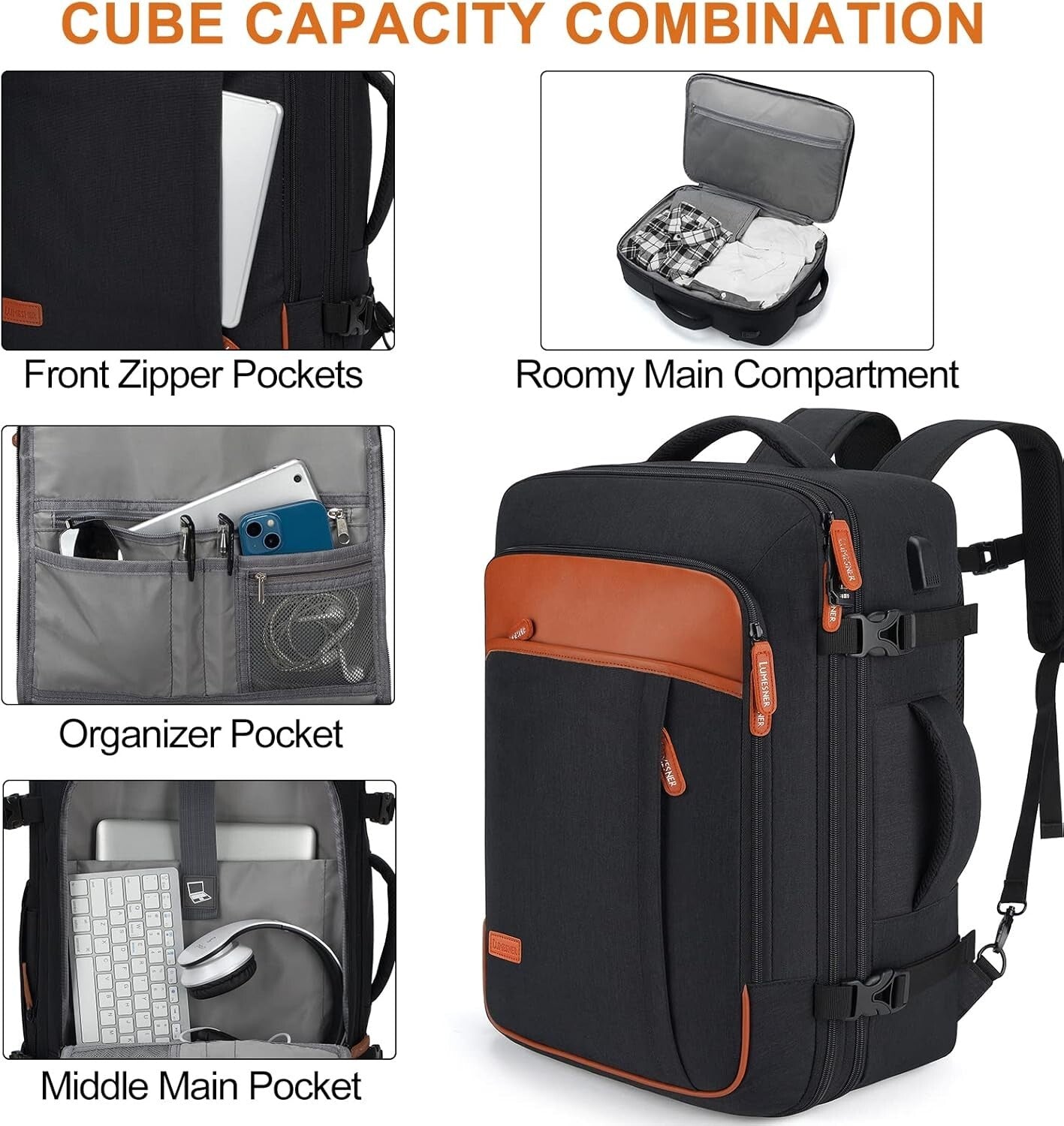 40L Extra Large Expandable Travel Backpack with 4 Packing Cubes & USB Port