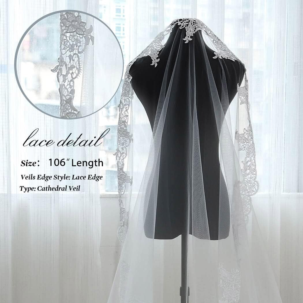 Stylish Chapel Length Veil for Bride with Elegant Lace & Metal Comb Attachment