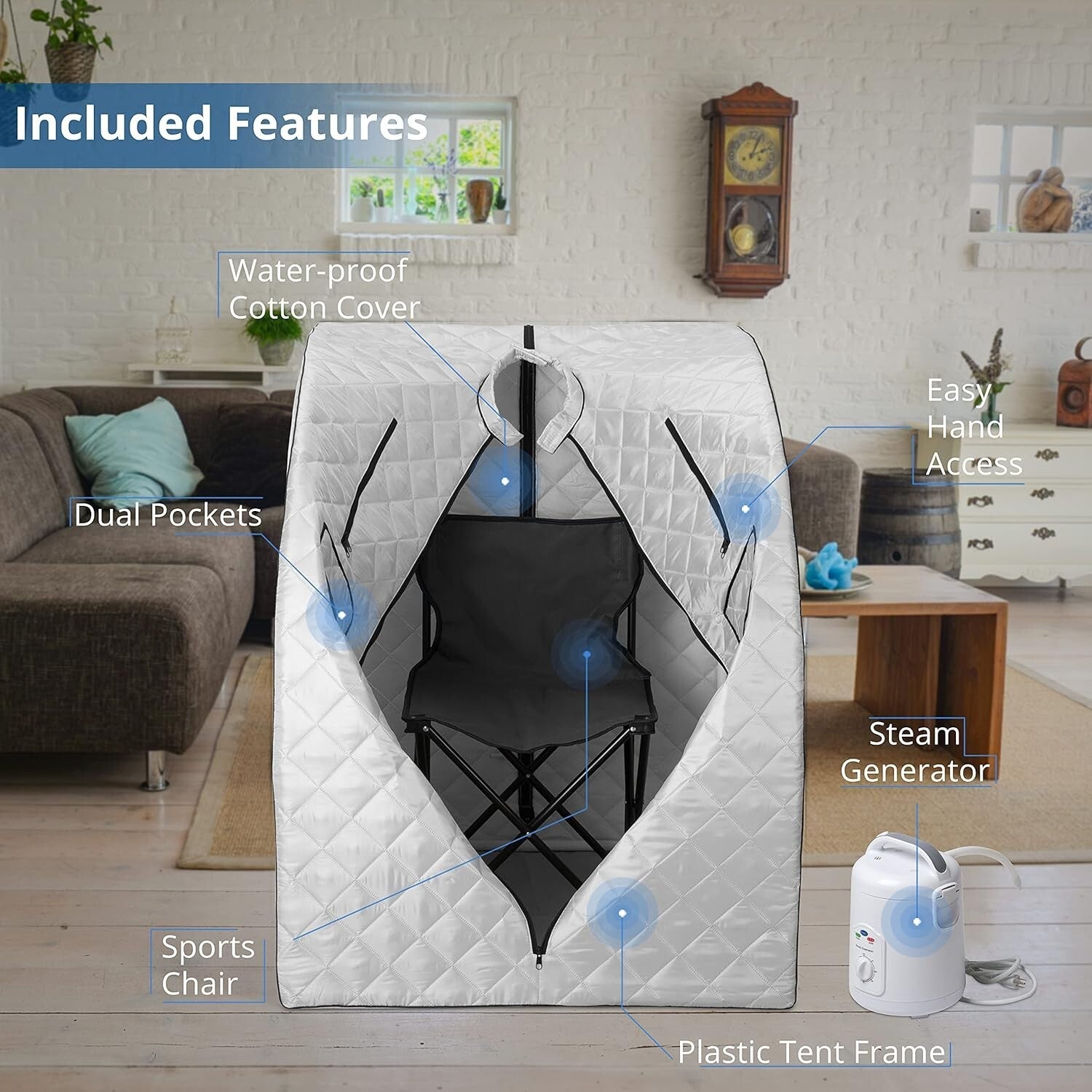 Complete Portable Steam Sauna Spa with 800W Generator & Dual Pockets for Comfort