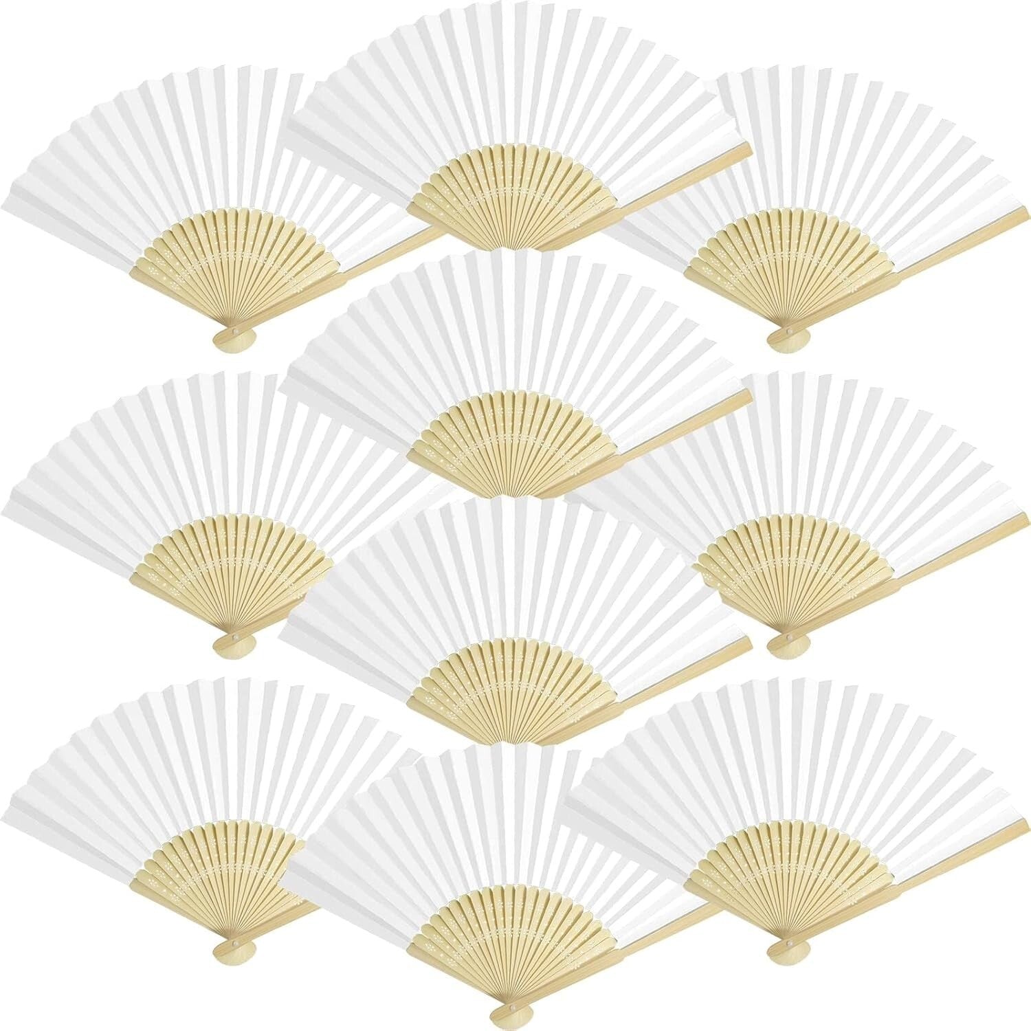 100 Elegant White Bamboo Folding Hand Fans for Weddings & Parties - 8.2"