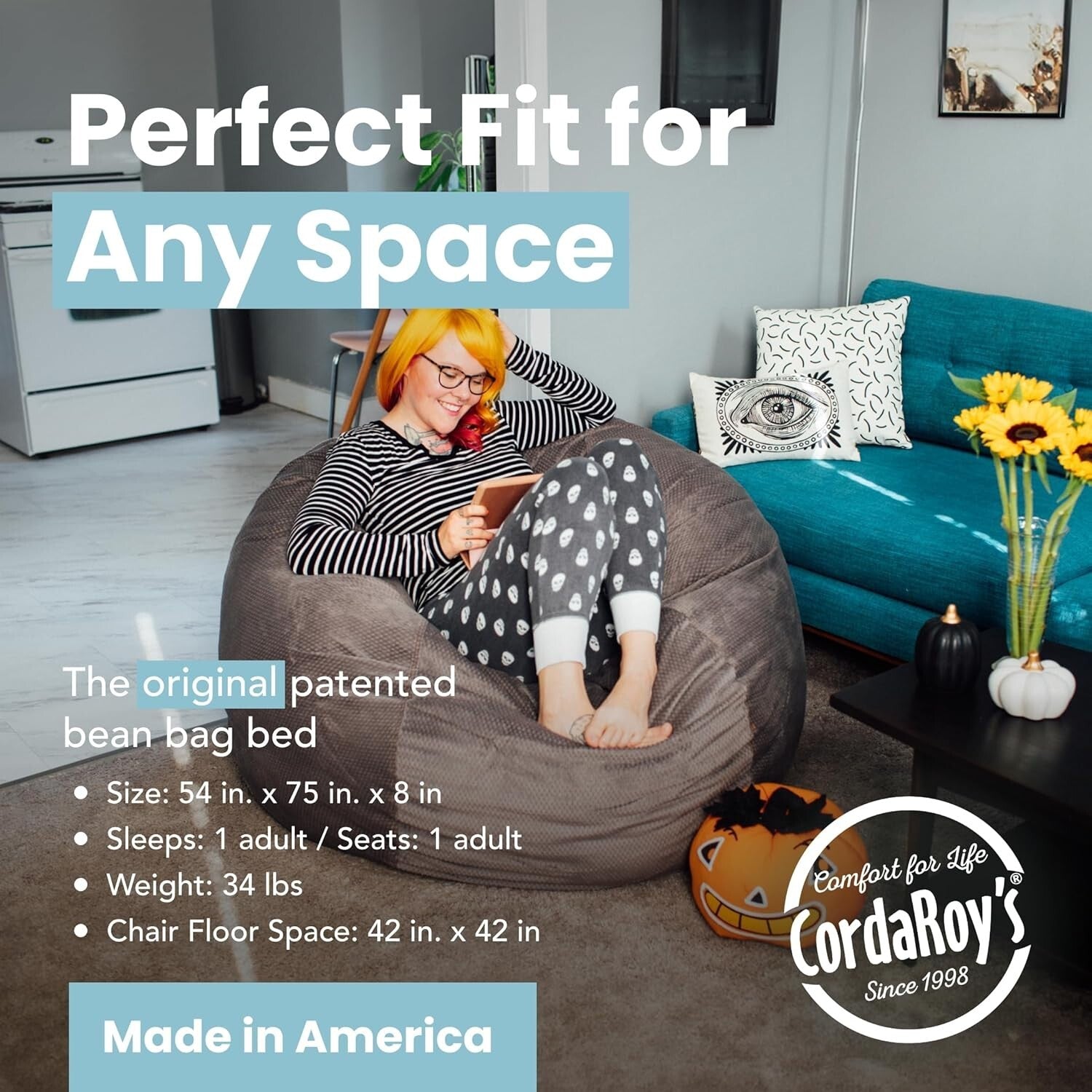 Cozy Chenille Bean Bag Chair & Bed - Full Size, Adjustable & Washable - Charcoal