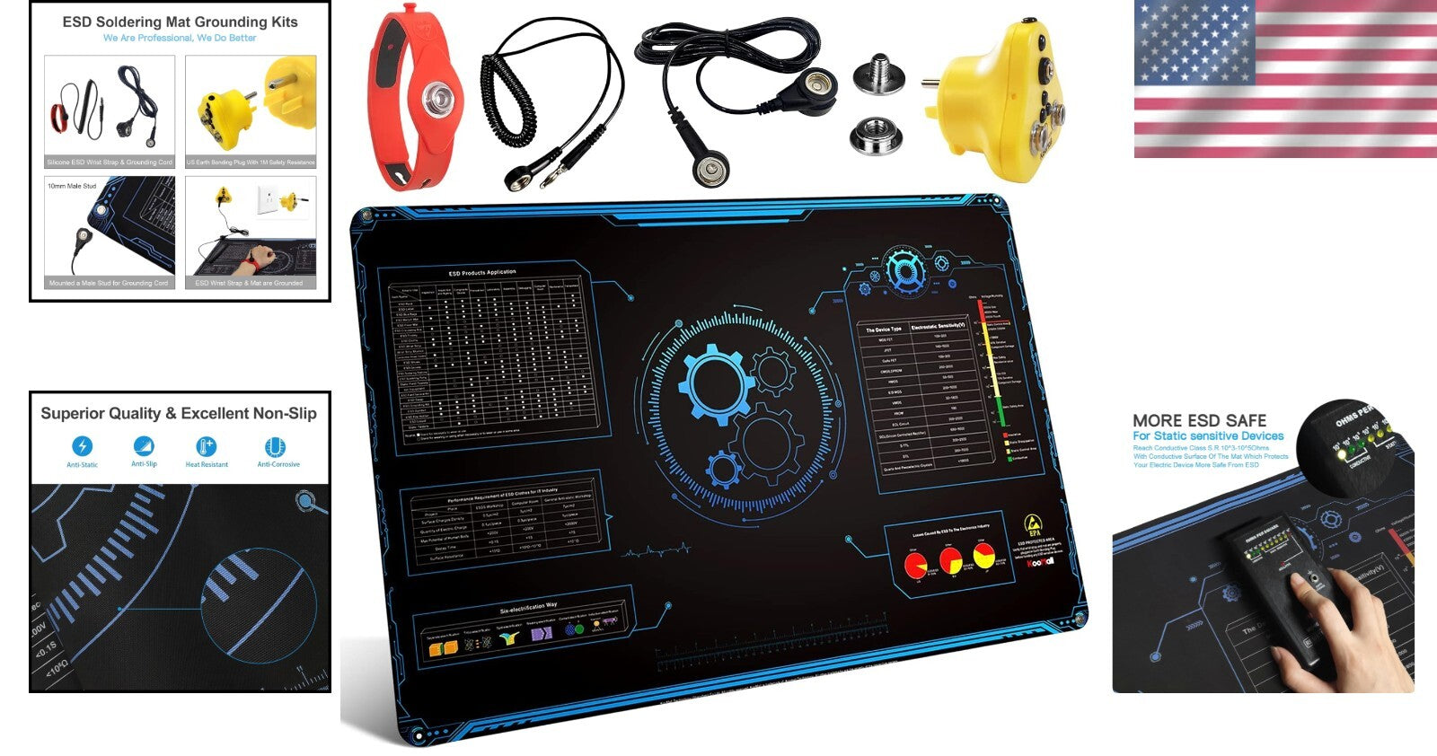 Versatile 24x16 ESD Rubber Mat with Anti-Slip Texture & Grounding Kit