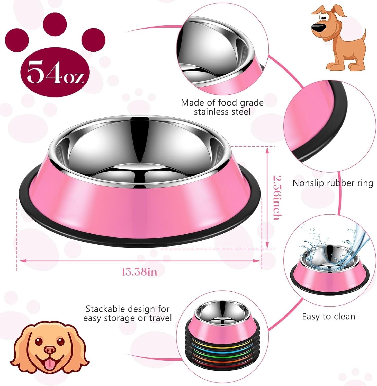 Durable 54oz Stainless Steel Dog Bowls with Non-Slip Silicone Base - 6 Colors