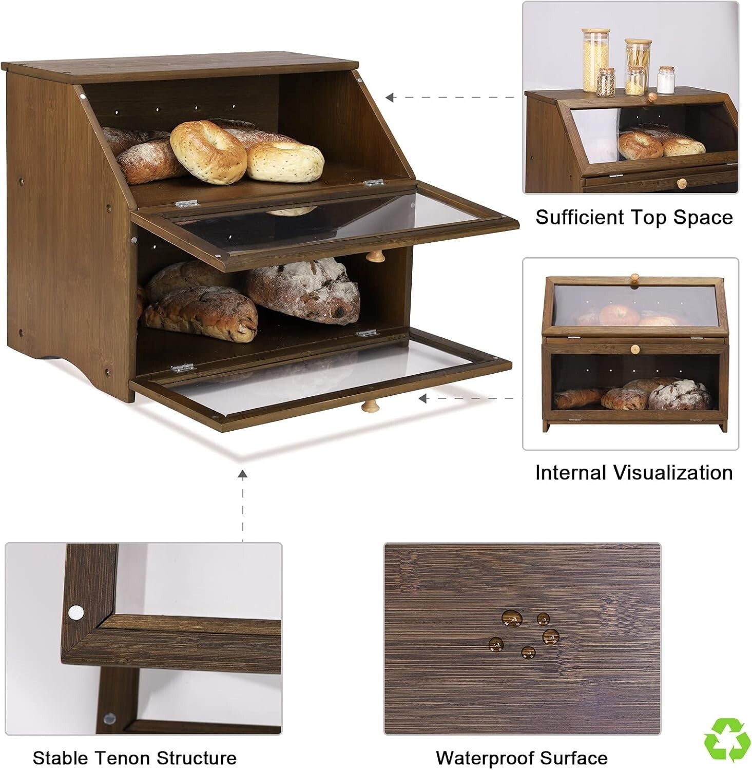 Stylish Double Layer Bread Storage Bin with Clear Window - 15.4" L x 9.8" W