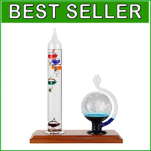 Load image into Gallery viewer, High Accuracy Galileo Thermometer &amp; Barometer with Wood Base - Perfect Gift Idea
