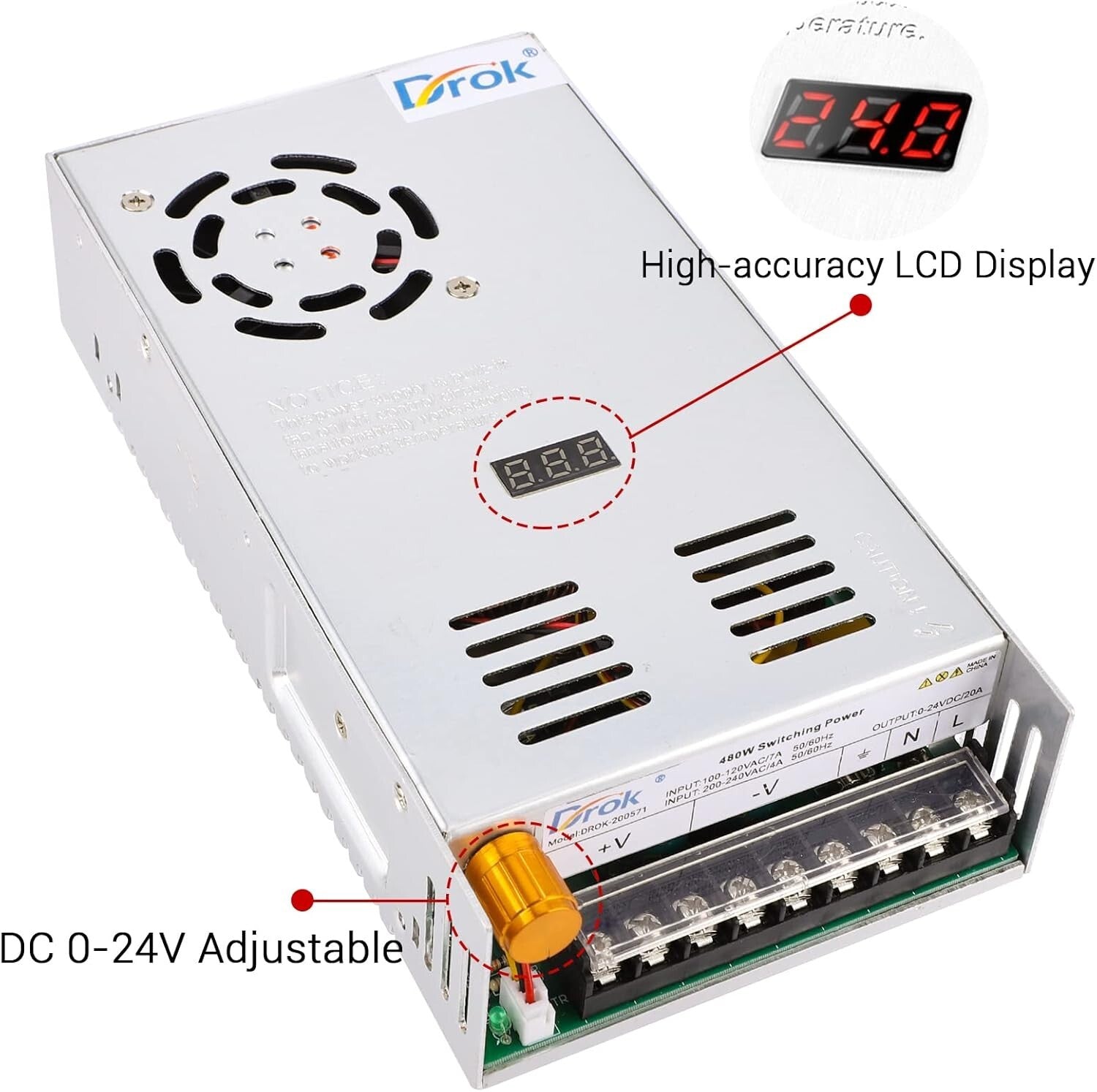 Adjustable 24V Power Supply - AC 110V/220V to DC 0-24V, 20A with LED Display