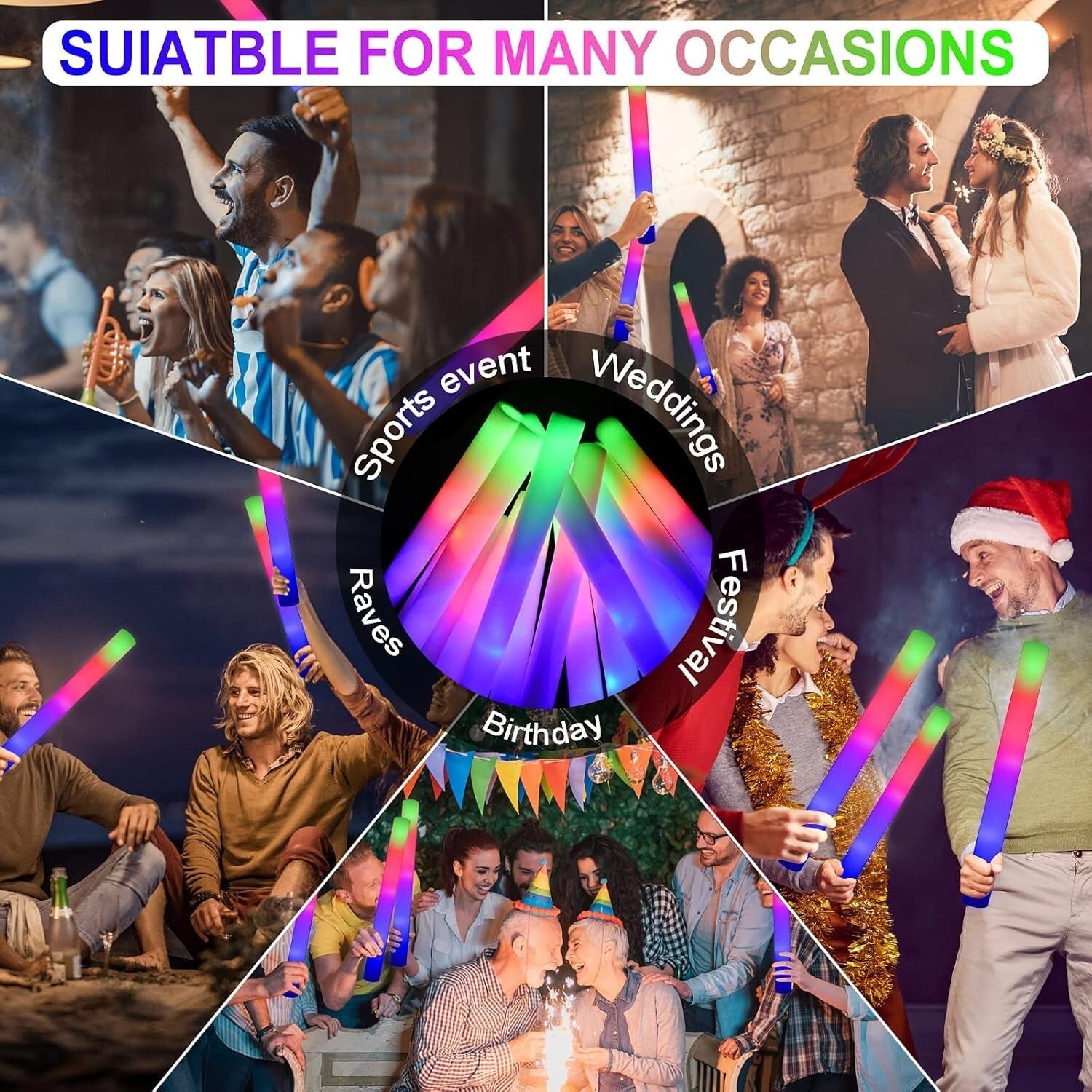 42 Pack LED Foam Glow Sticks - Three Flashing Modes for Unforgettable Parties