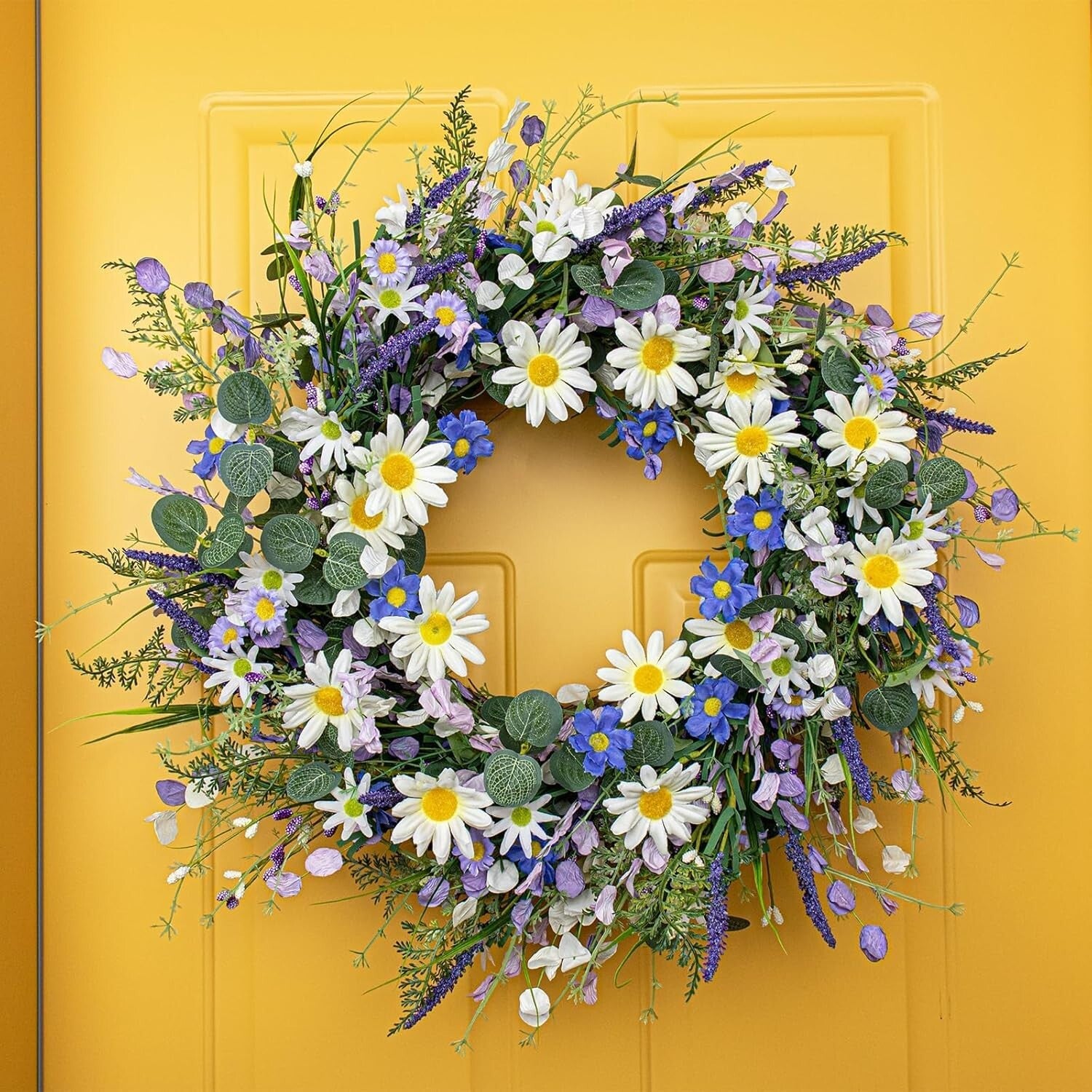 Handmade Blue Spring Wreath with White Sunflowers for Front Door Elegance