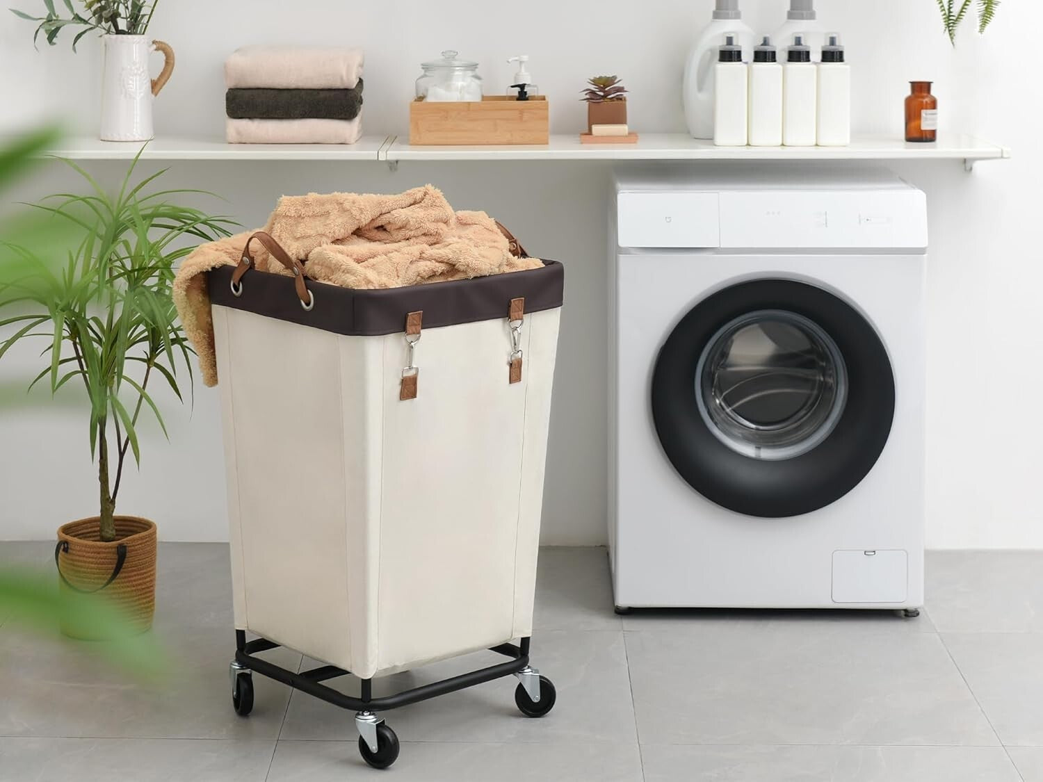 160L Rolling Canvas Laundry Basket with Wheels - Minimalist Beige Design