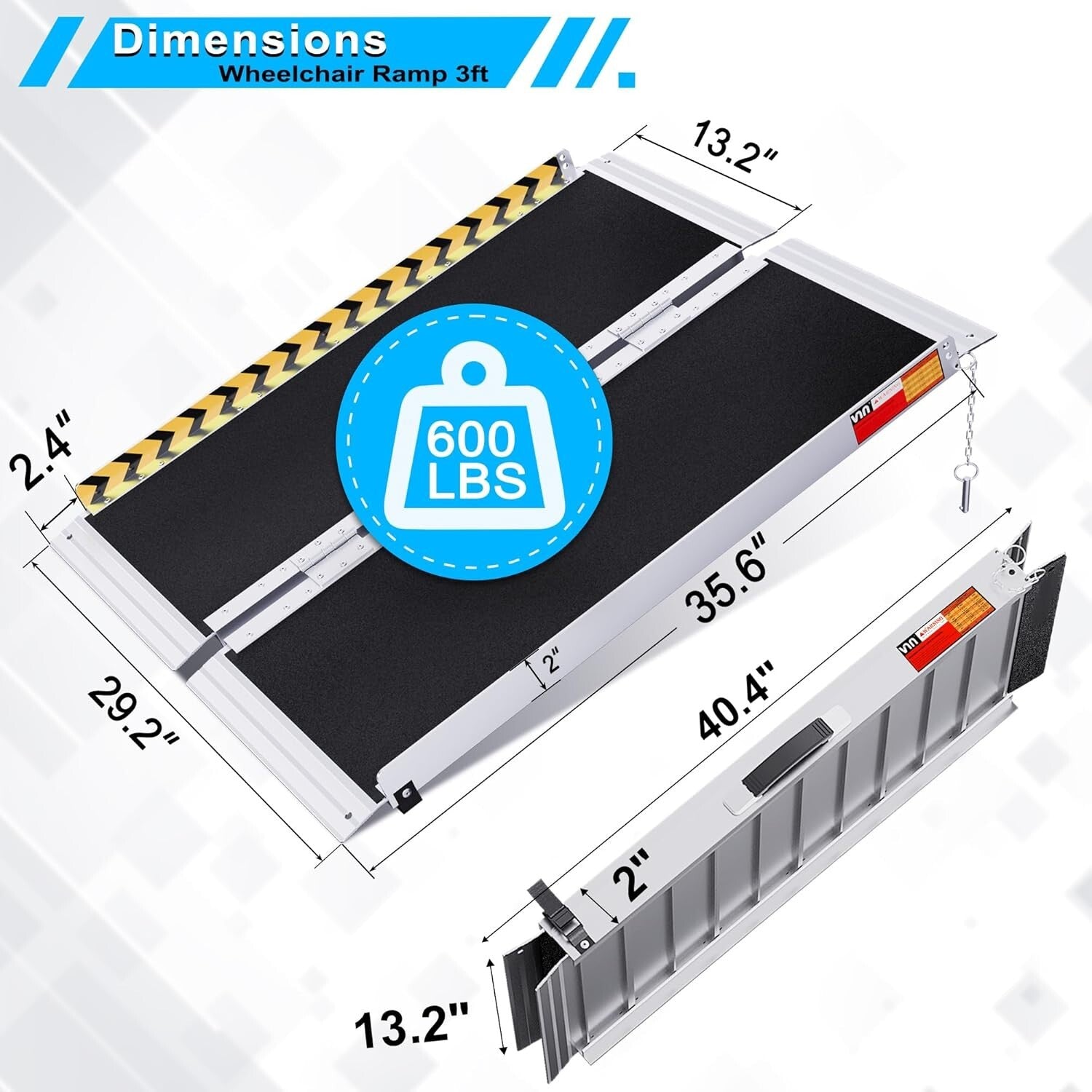 Heavy-Duty 3FT Folding Wheelchair Ramp with Safety Baffles for Disabled Access