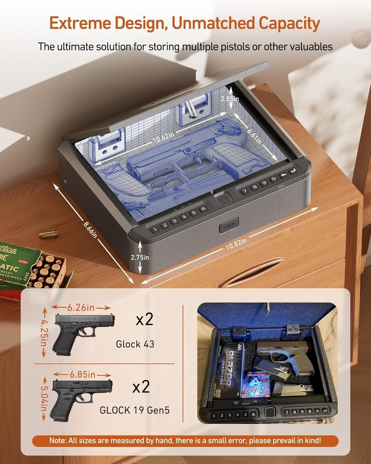 Durable Carbon Steel Gun Safe - Biometric, USB Charge, LED - 10.82"x8.66"x2.75"