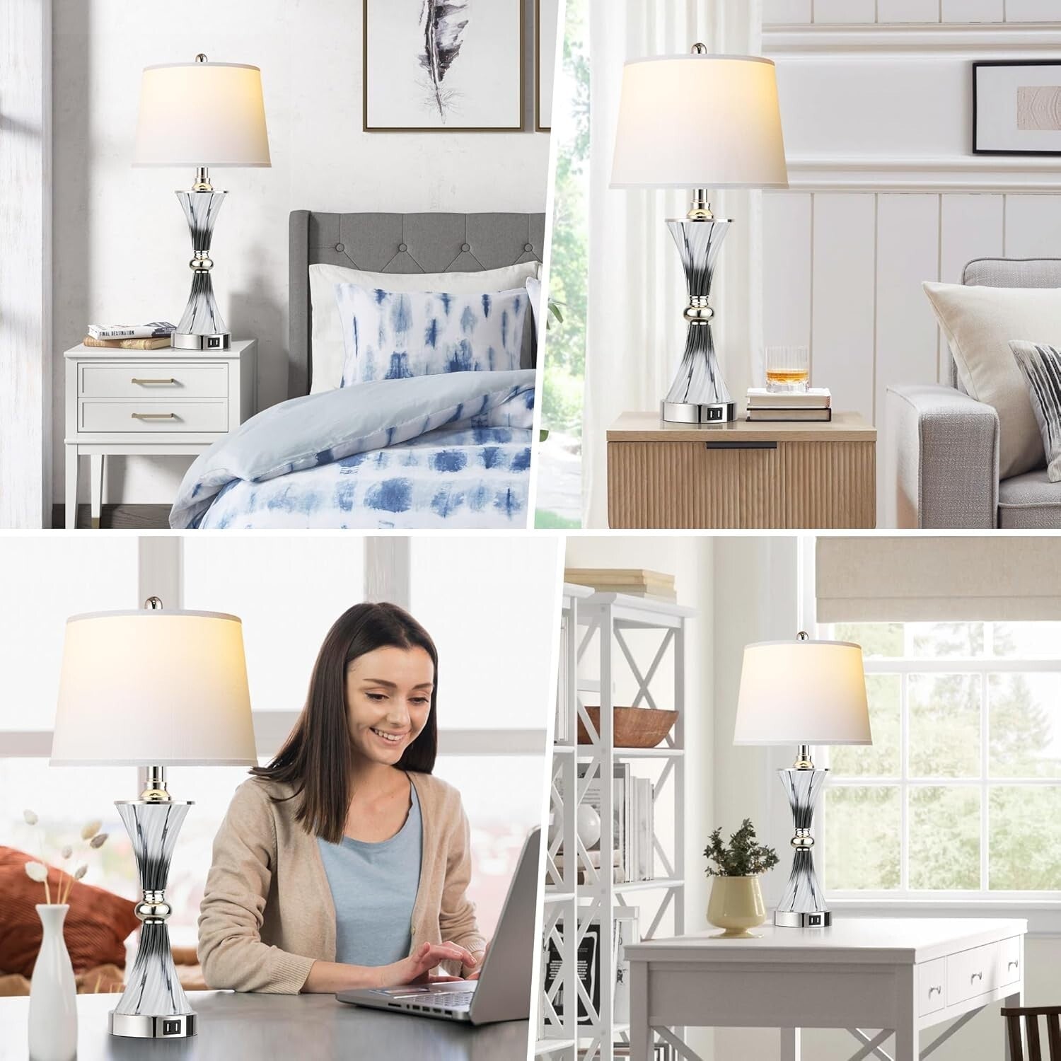 Elegant 3-Way Dimmable Touch Glass Lamps Set of 2 with USB Ports - Dark Grey