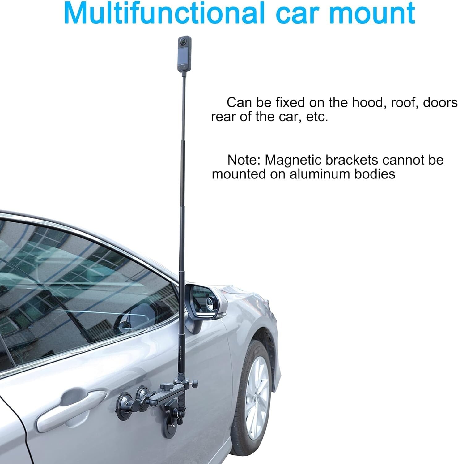 Heavy-Duty Insta360 Car Mount with 114cm Invisible Selfie Stick - 4-in-1 Design