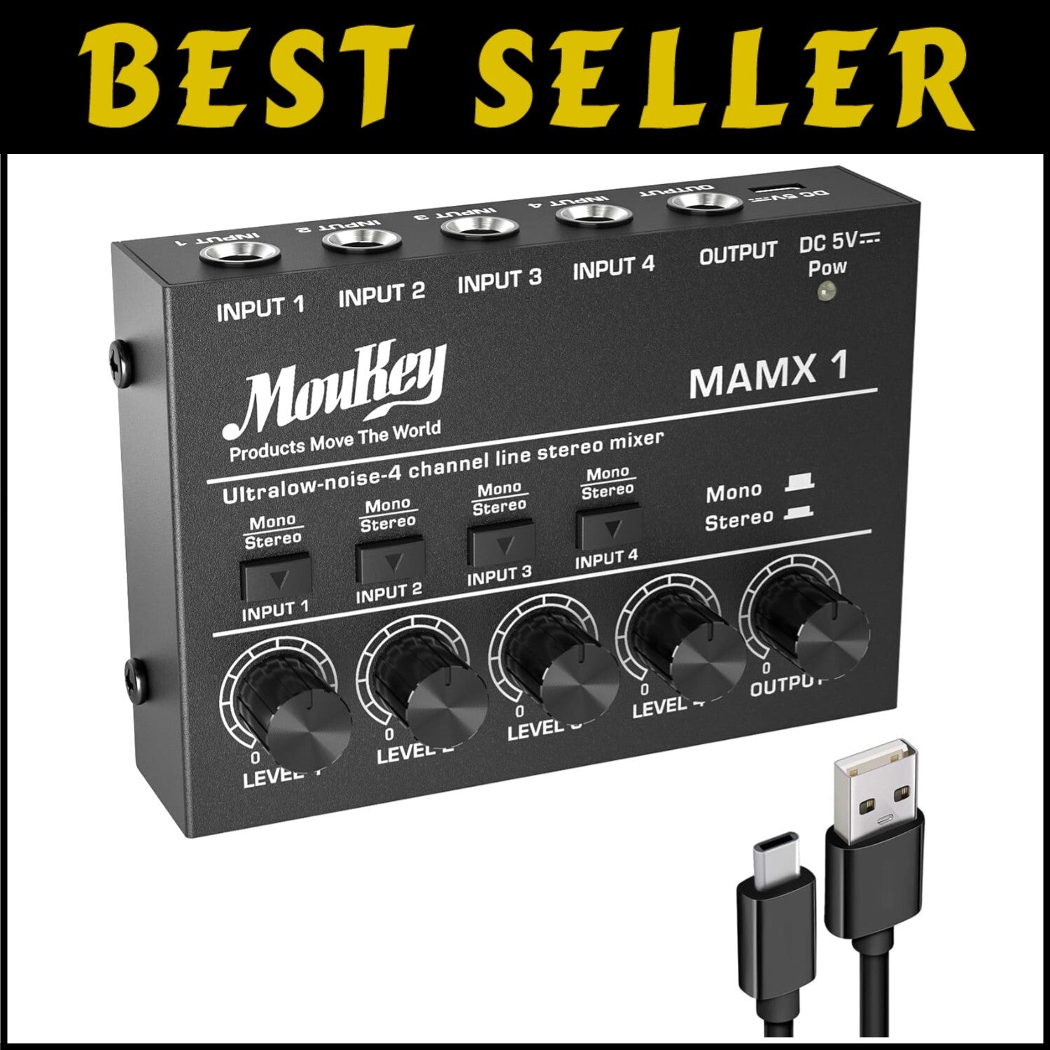 4 Stereo Channel Mini Audio Mixer with Low Noise for Guitars & Keyboards