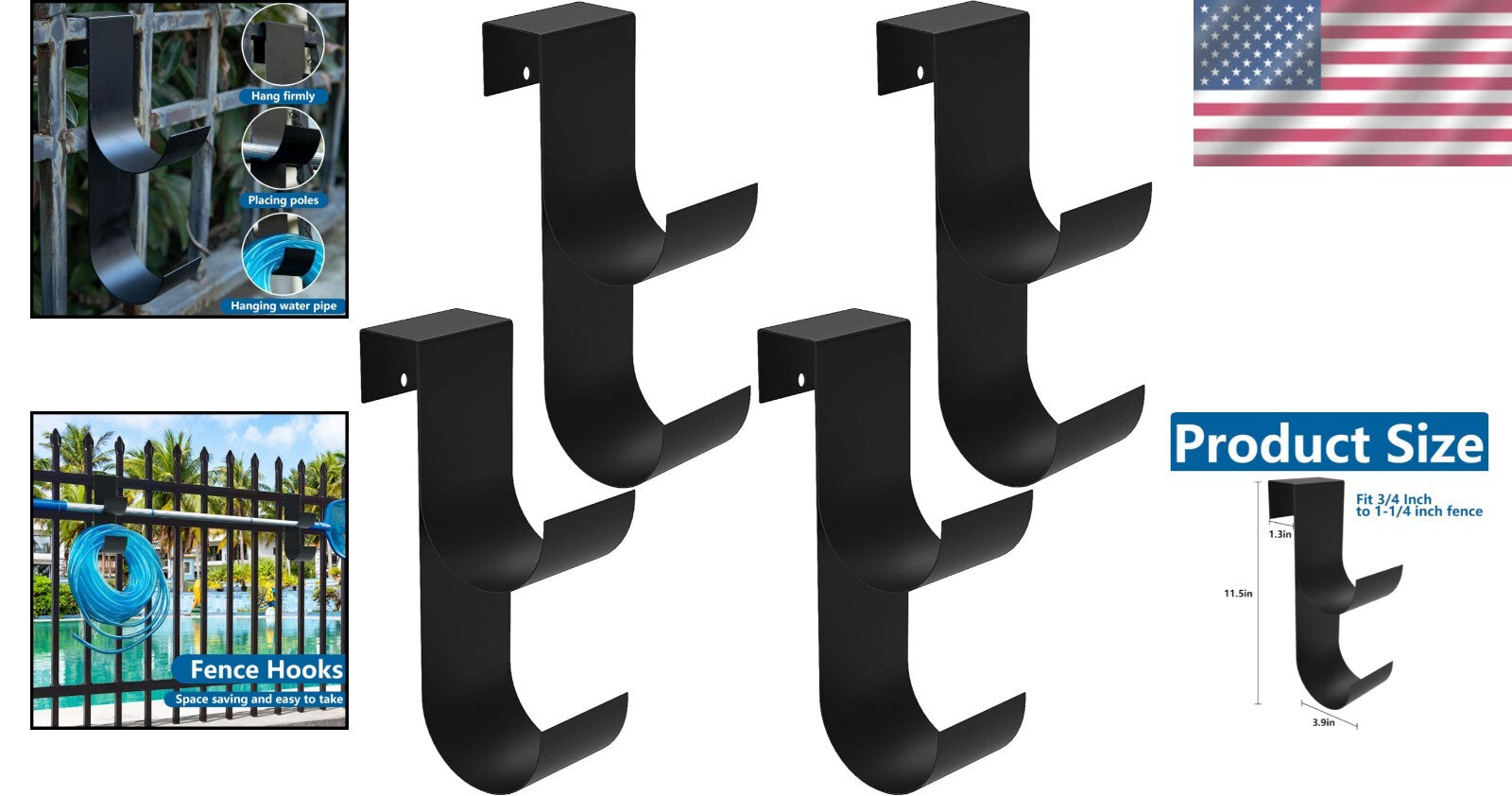4-Piece Heavy-Duty Pool Fence Hooks - Slip-On Black Hangers for Outdoor Storage