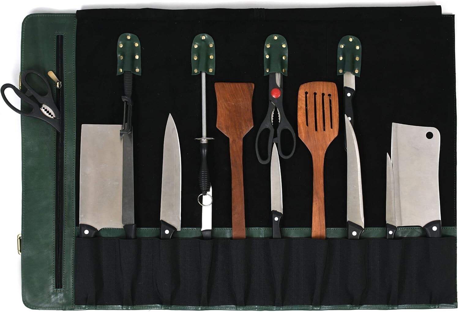 Handcrafted Leather Knife Roll with 10 Slots and Elegant Zipper Pouch for Chefs