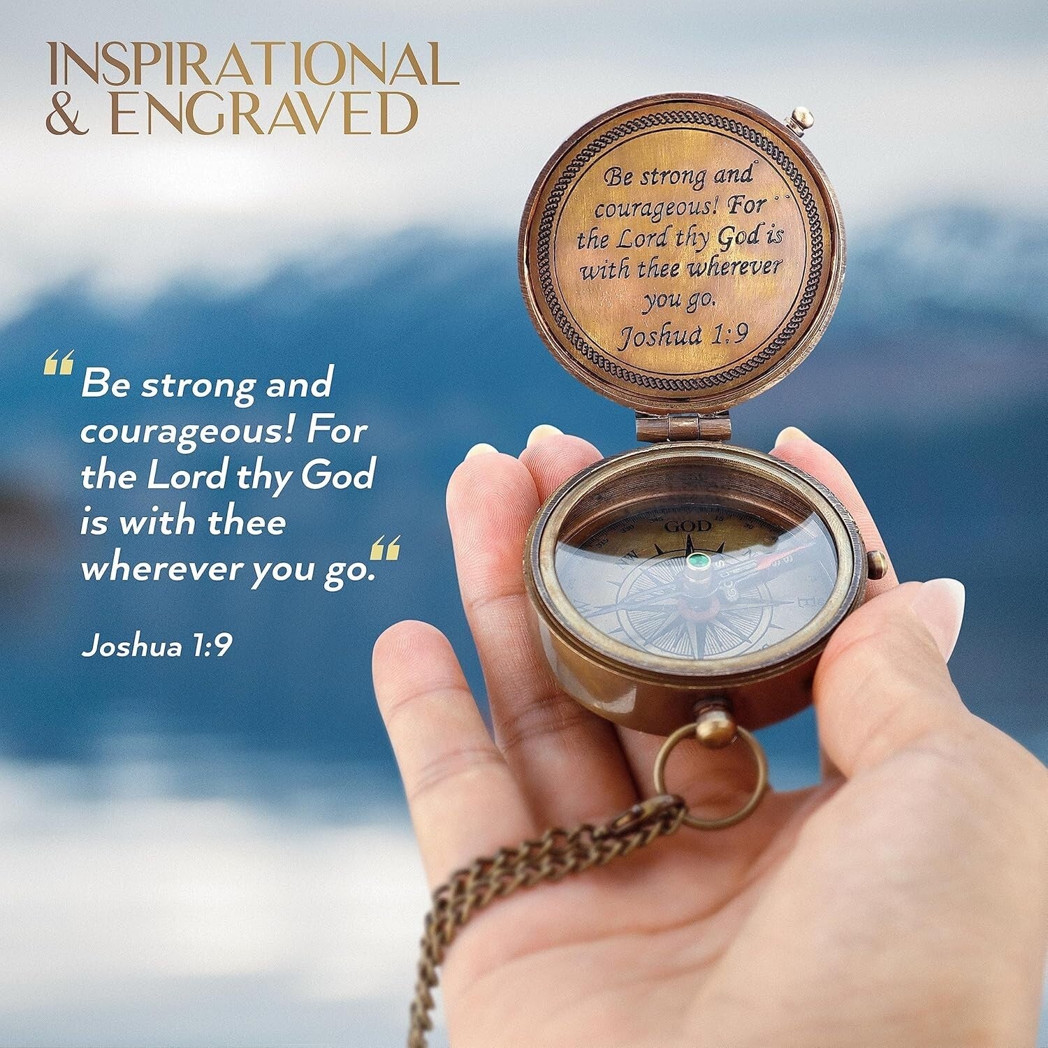 Elegant Brass Compass Display with Joshua 1:9 Inscription - Perfect for Gifting