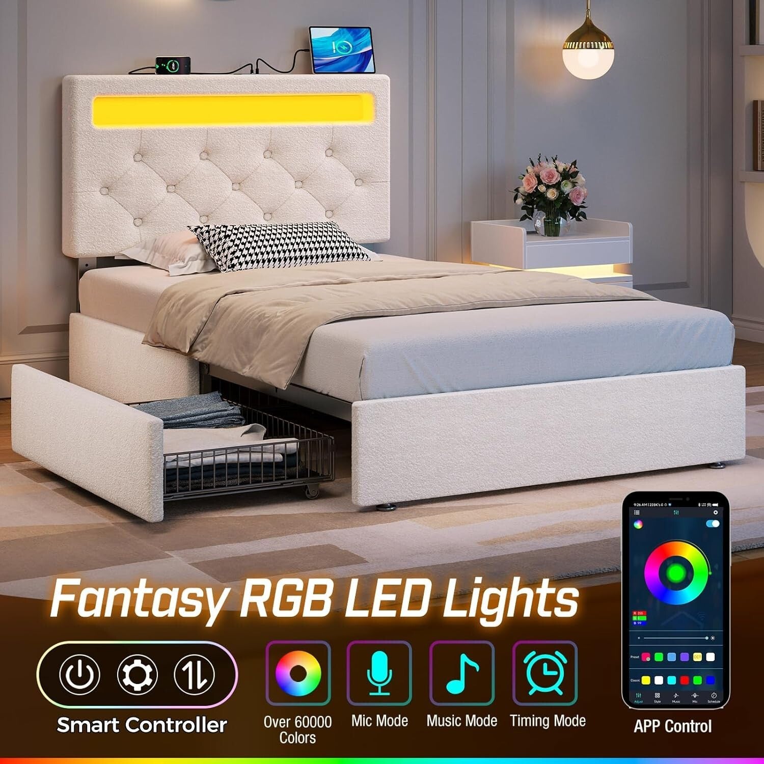 Adjustable Twin Bed Frame with RGB LED Lights & 4 Storage Drawers in White