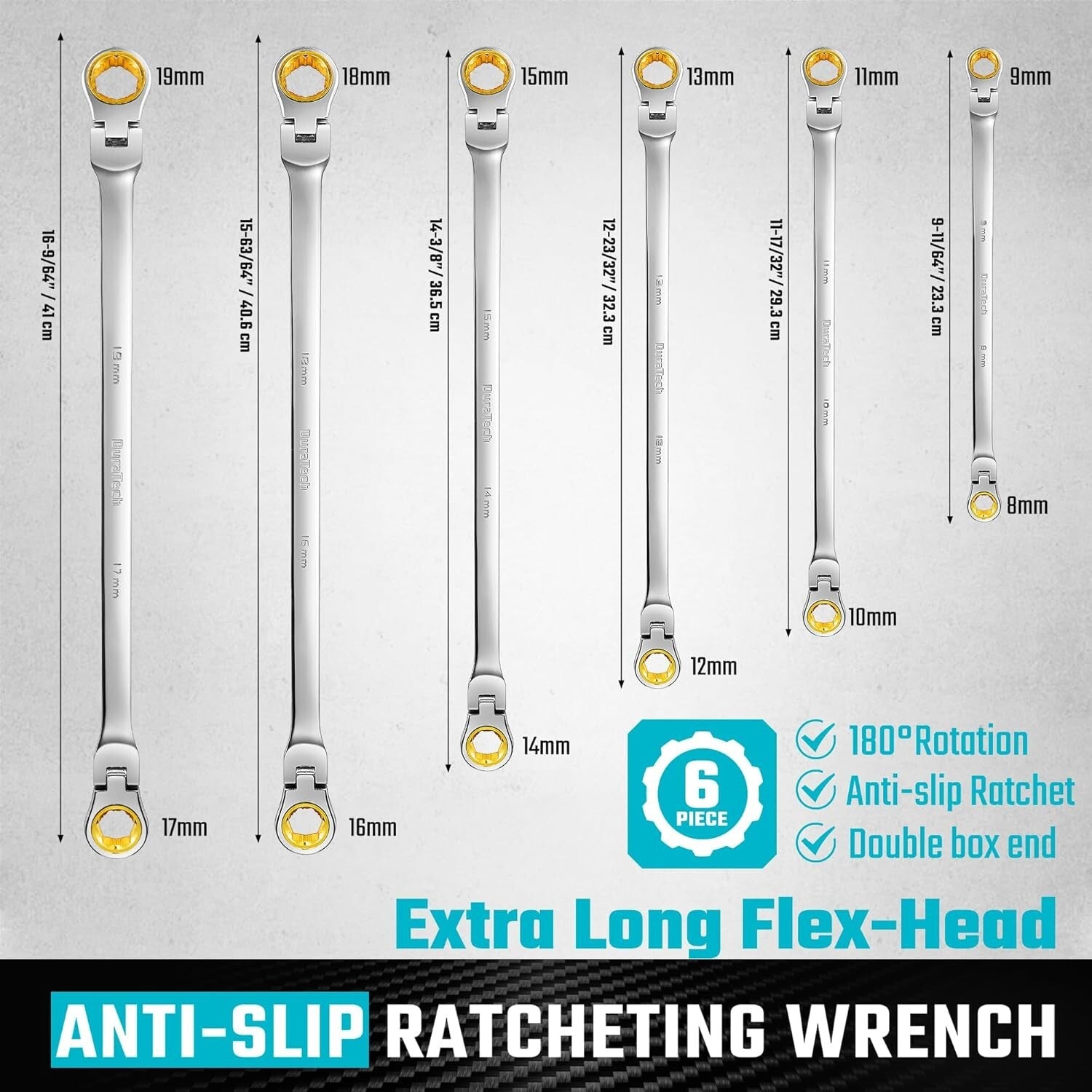 Extra Long Anti-Slip Flex-Head Ratcheting Wrench Set - 6-Piece Metric CR-V Steel