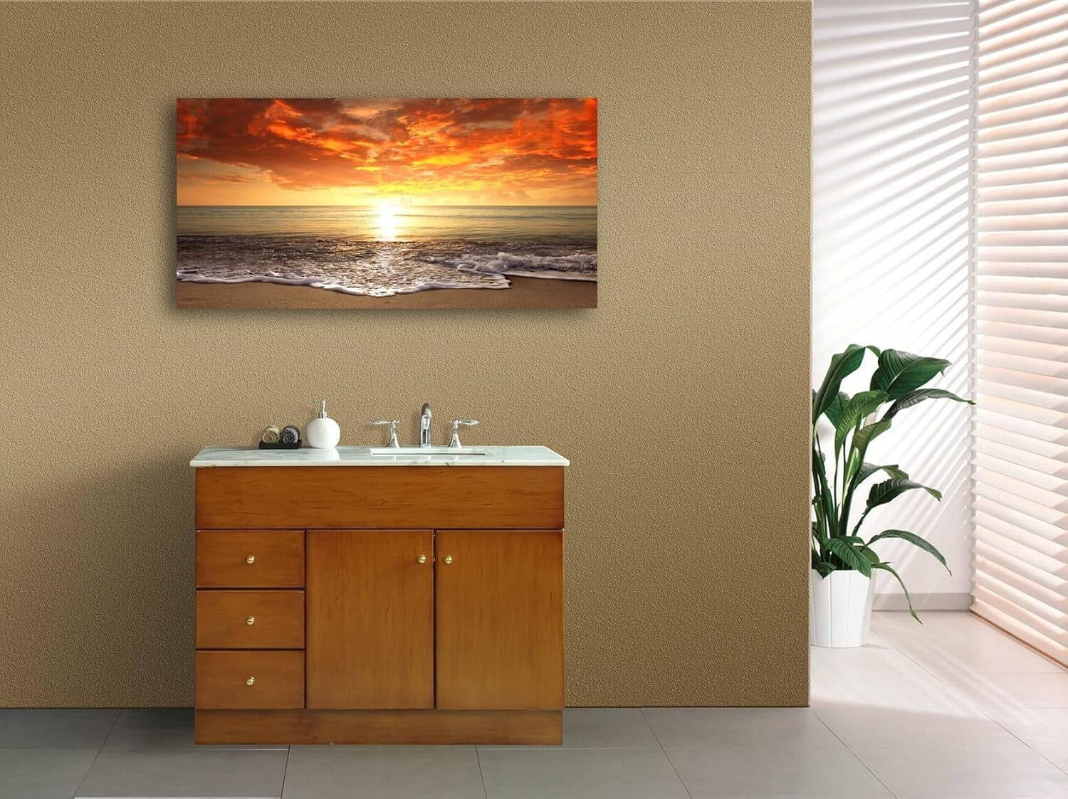 Elegant Framed Ocean Sunset Giclee Artwork - Ready to Hang 20x40 Inch Canvas