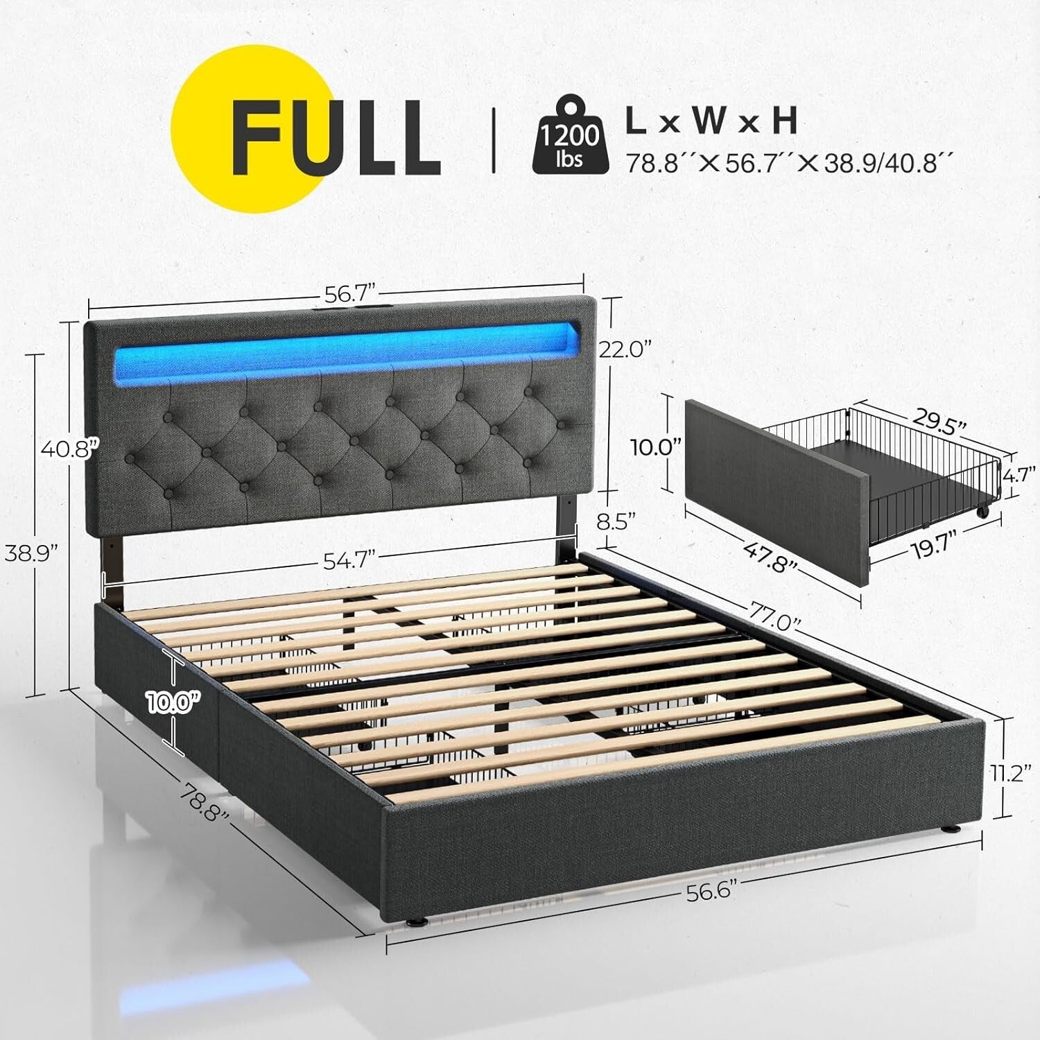 Full Size Bed Frame with USB Charging & LED Lights - 4 Storage Drawers Included