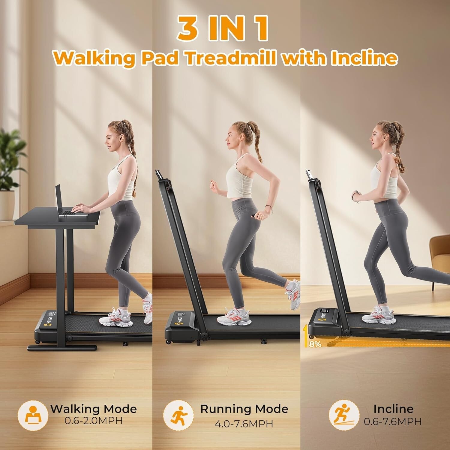 Foldable Under Desk Treadmill with Bluetooth & 3-Way Control - Silent Operation