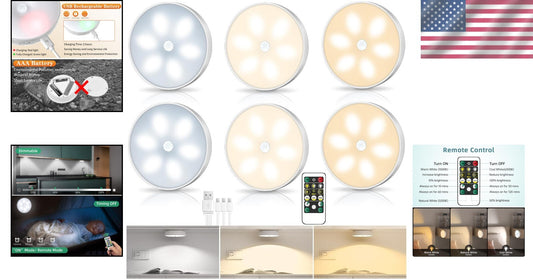 6-Pack Wireless Motion Sensor LED Puck Lights with Remote - 3 Color Temperatures