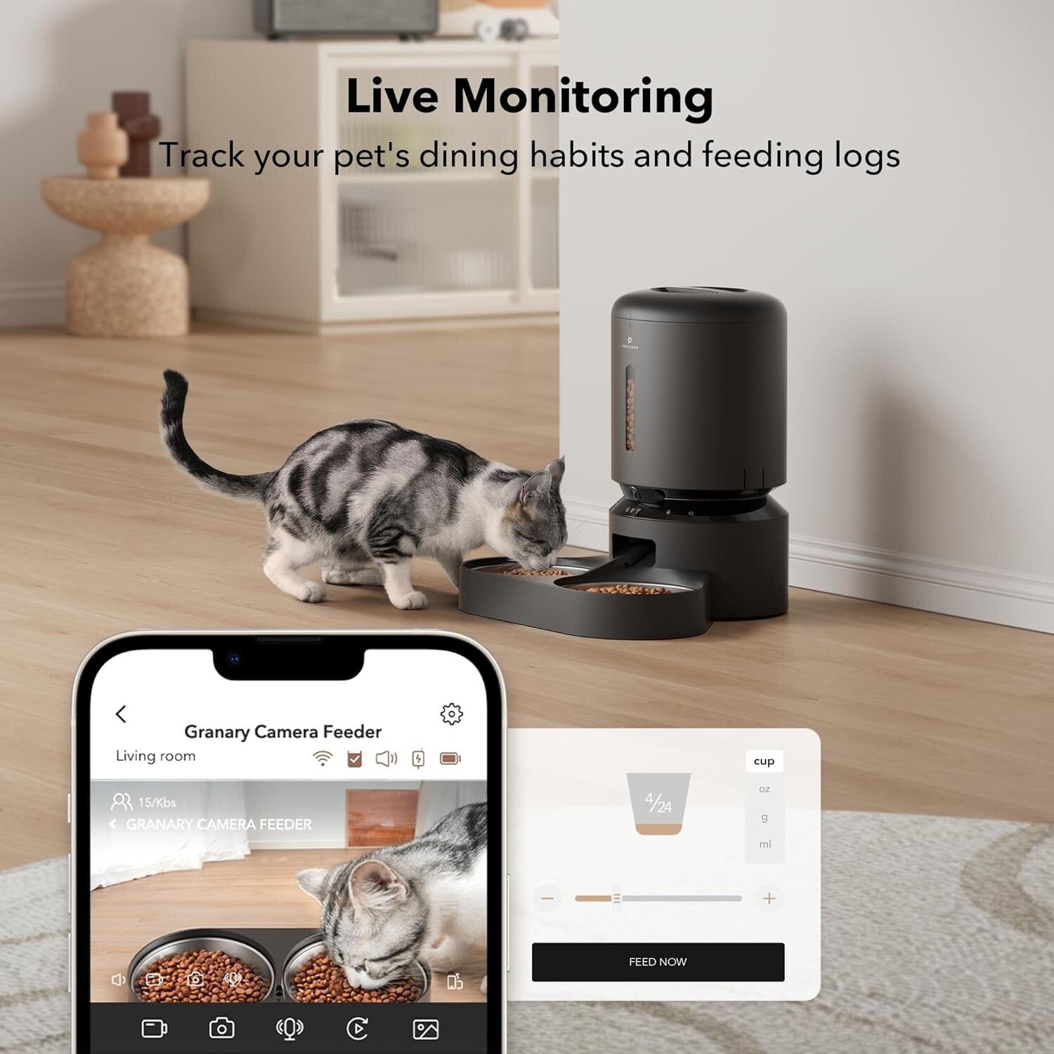 Stylish Automatic Pet Feeder with 1080P Camera & Audio for Cats & Dogs - Black